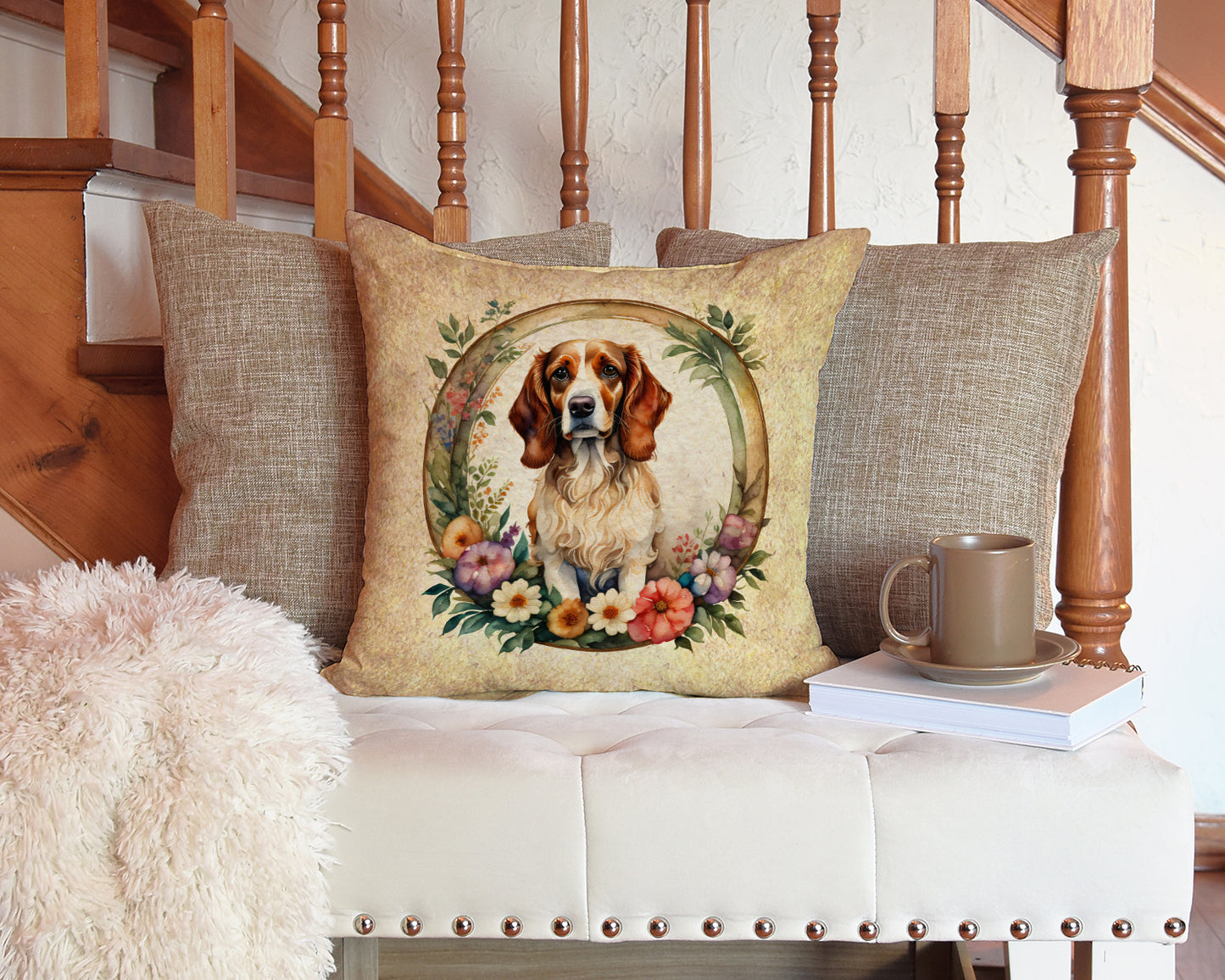 Brittany Spaniel and Flowers Throw Pillow