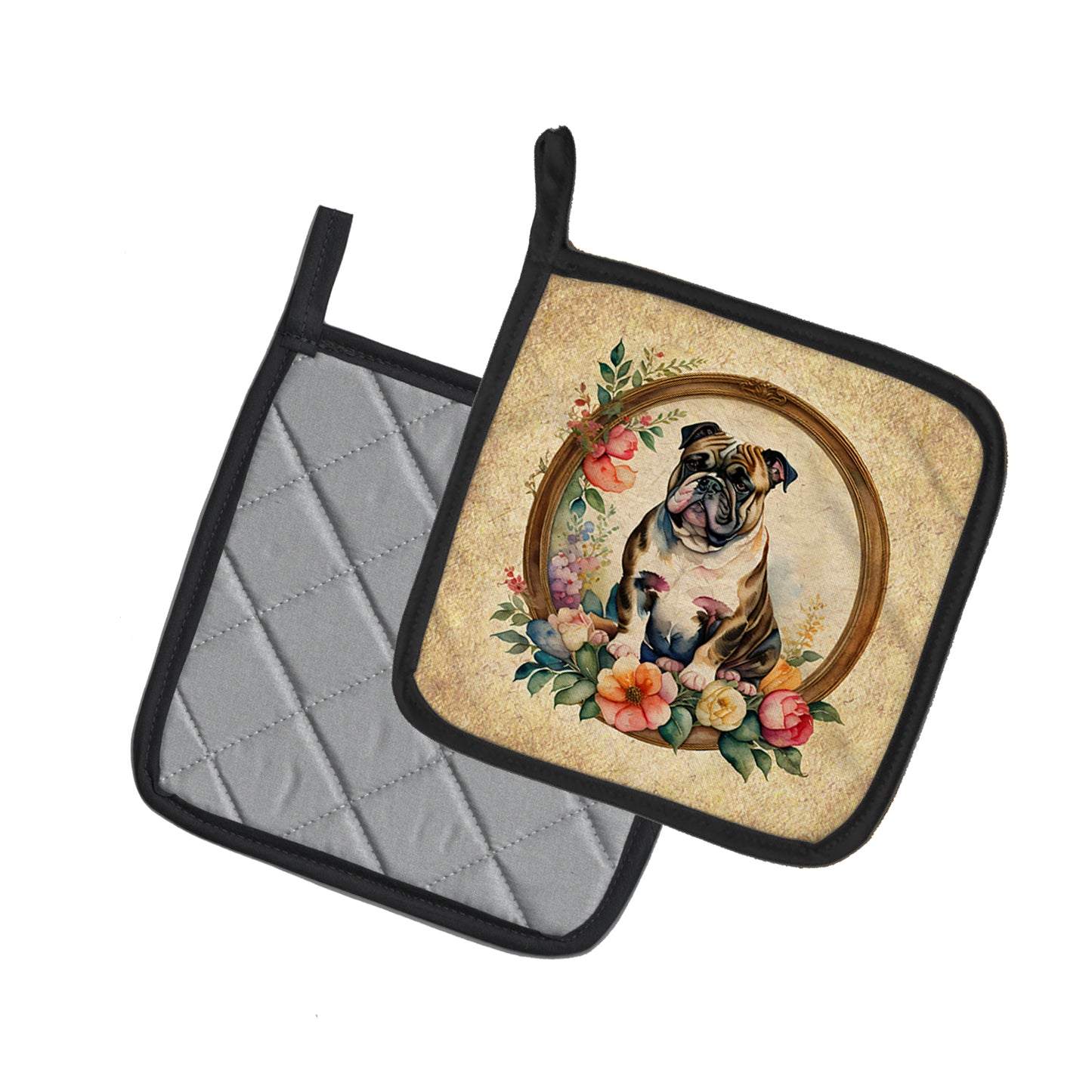 English Bulldog and Flowers Pair of Pot Holders