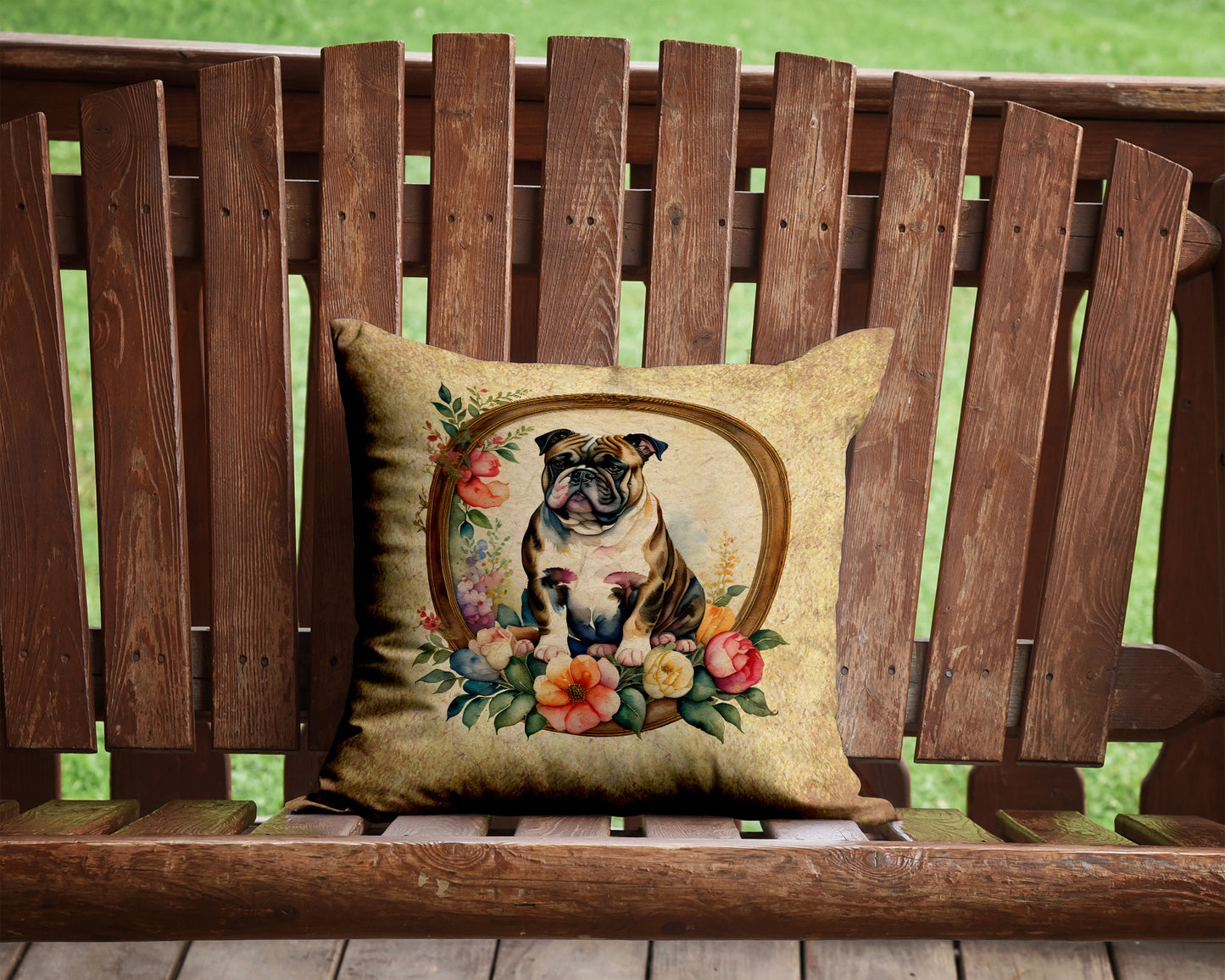 English Bulldog and Flowers Throw Pillow