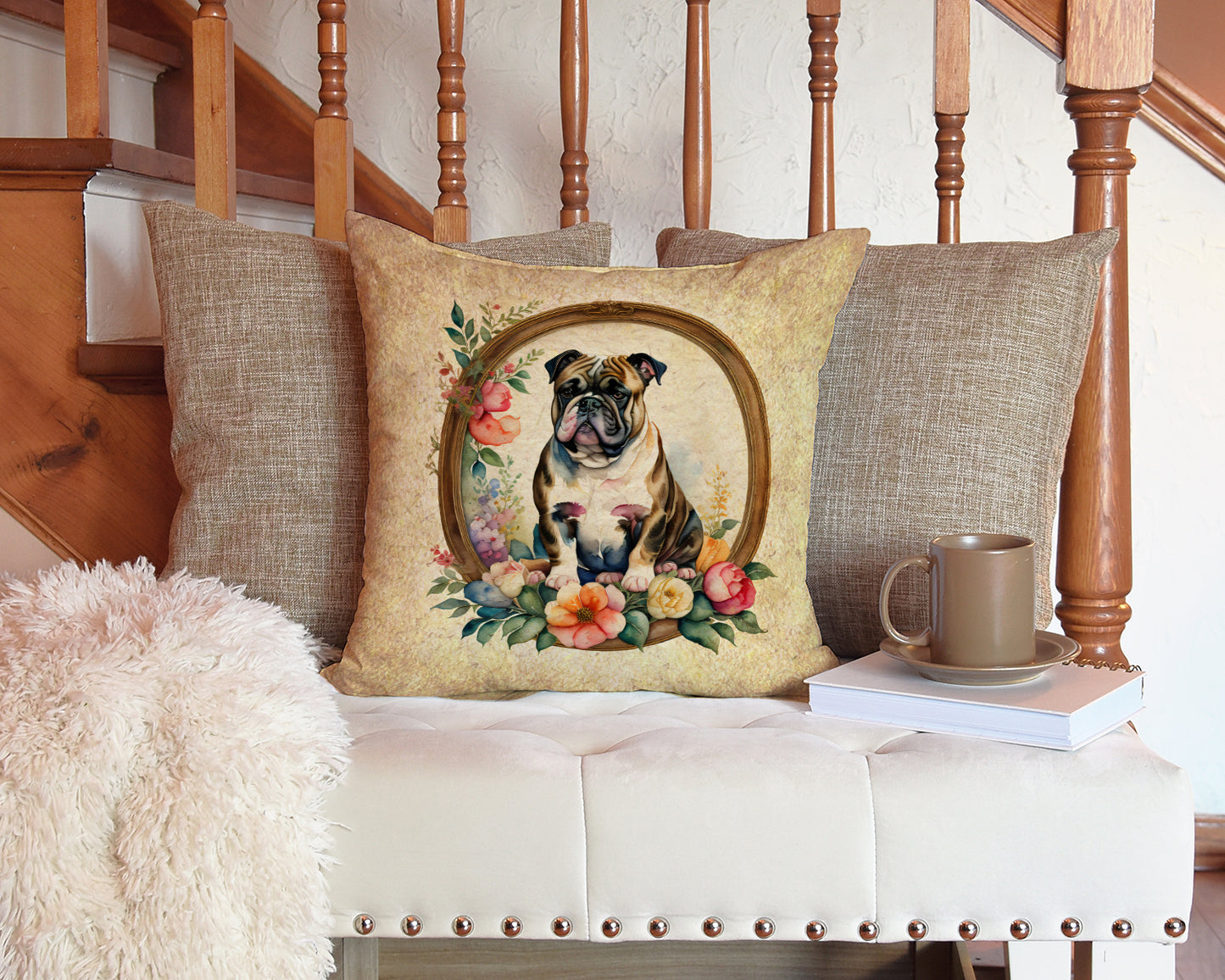 English Bulldog and Flowers Throw Pillow