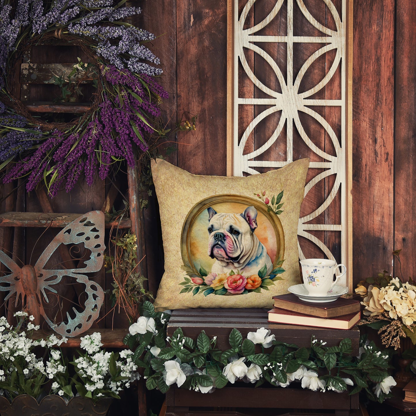 English Bulldog and Flowers Throw Pillow