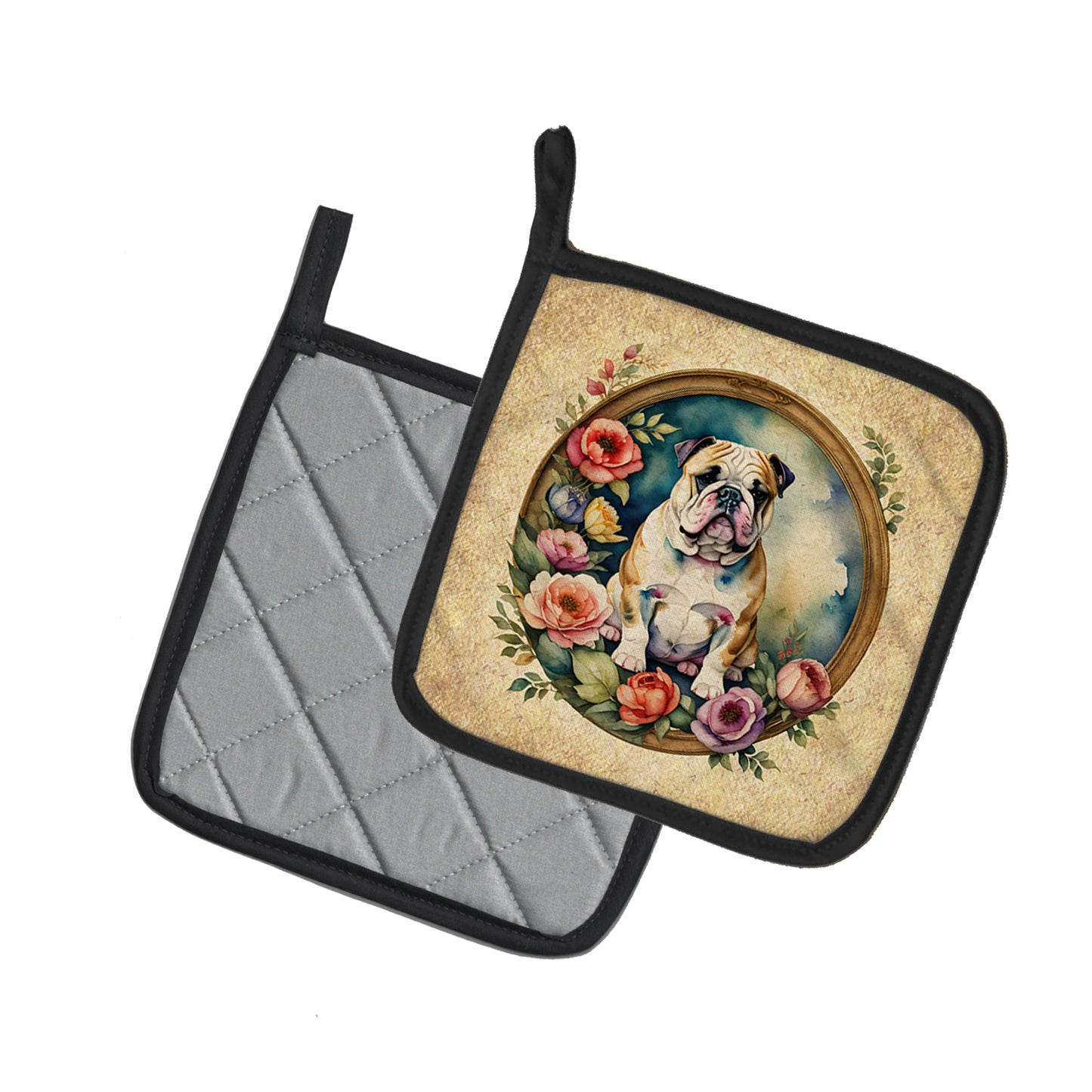 English Bulldog and Flowers Pair of Pot Holders