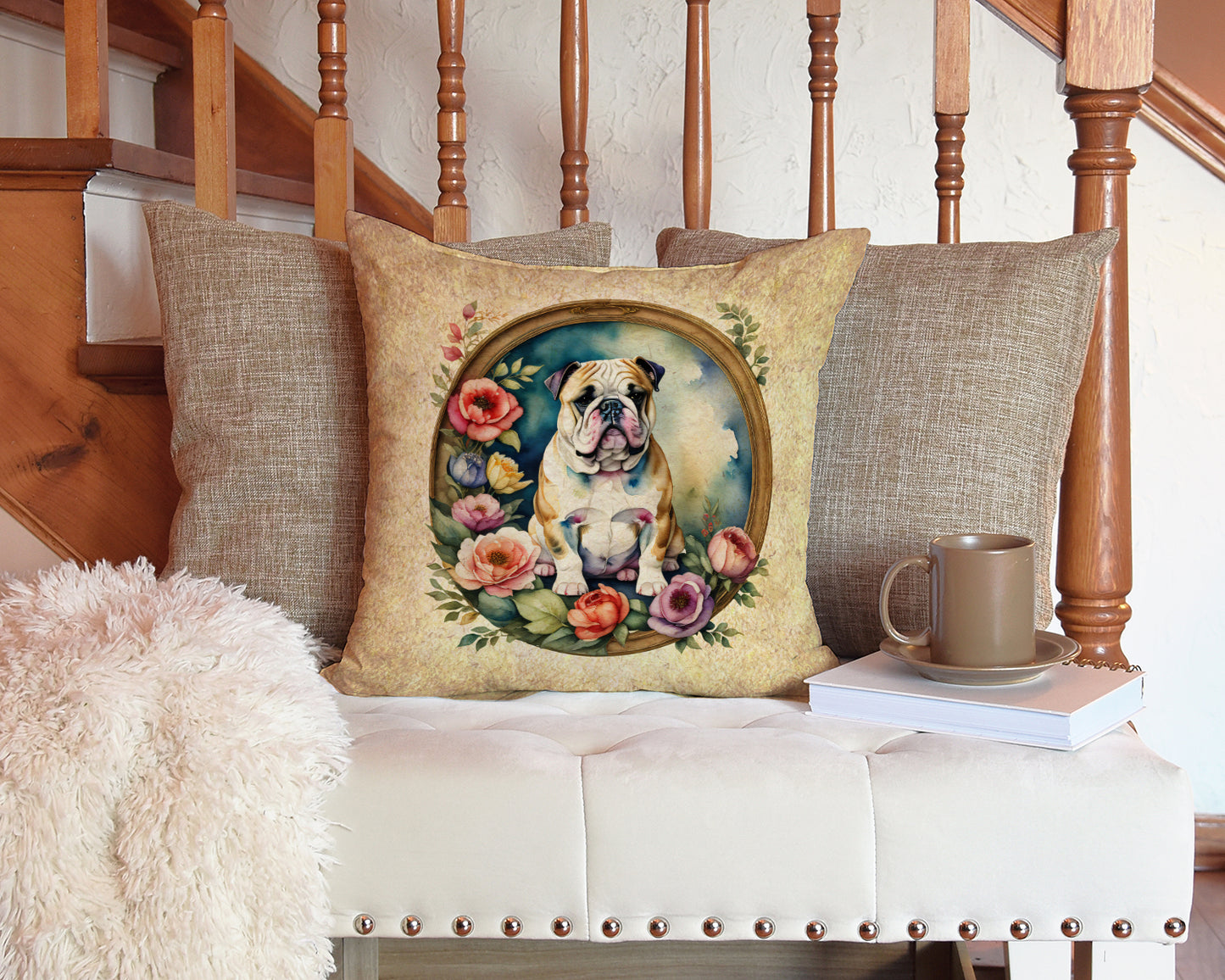 English Bulldog and Flowers Throw Pillow