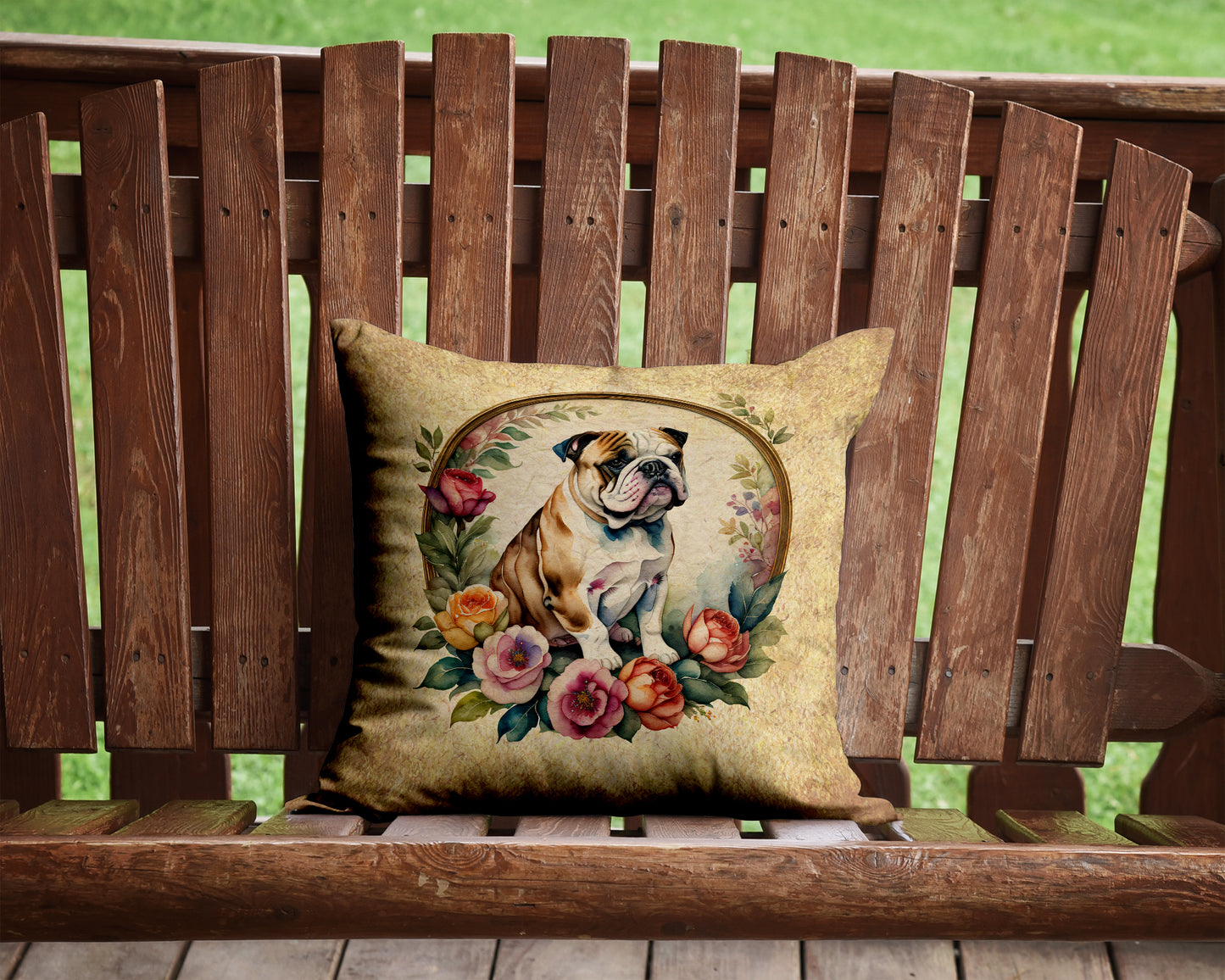 English Bulldog and Flowers Throw Pillow