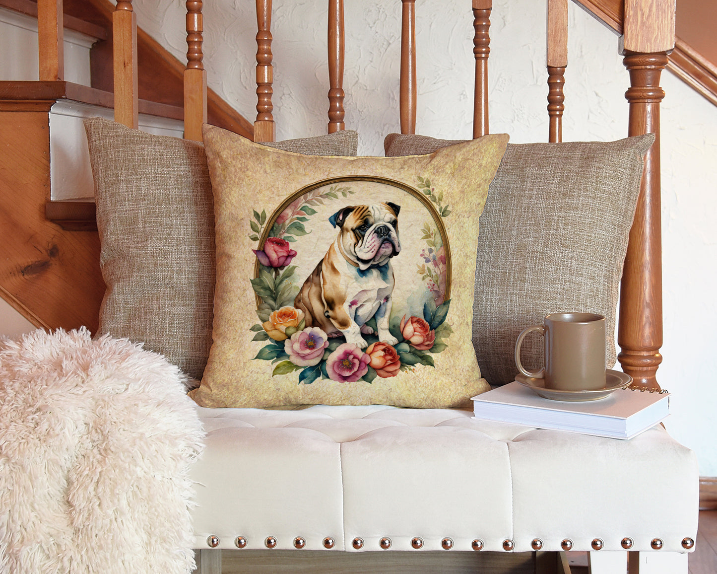 English Bulldog and Flowers Throw Pillow