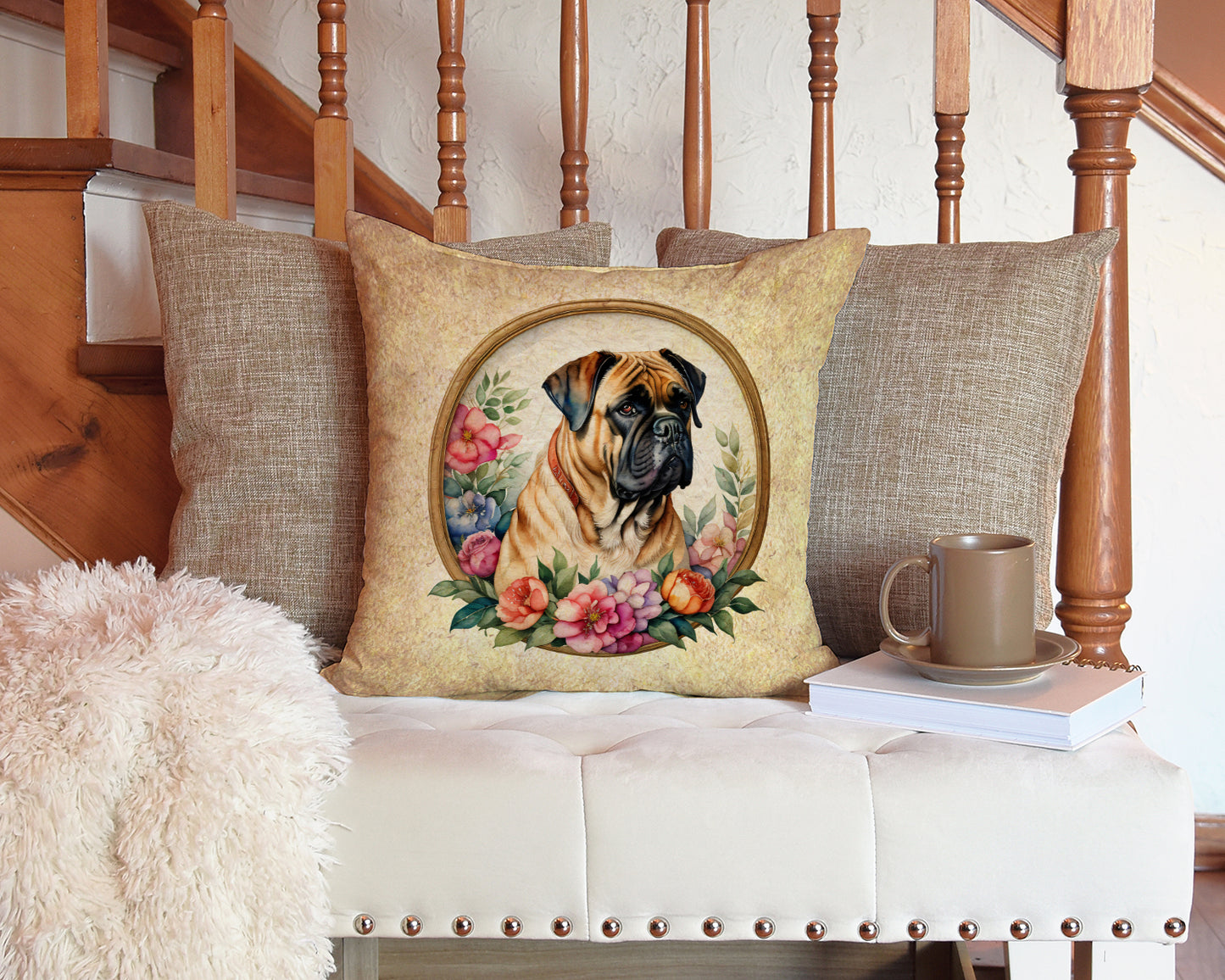 Bullmastiff and Flowers Throw Pillow