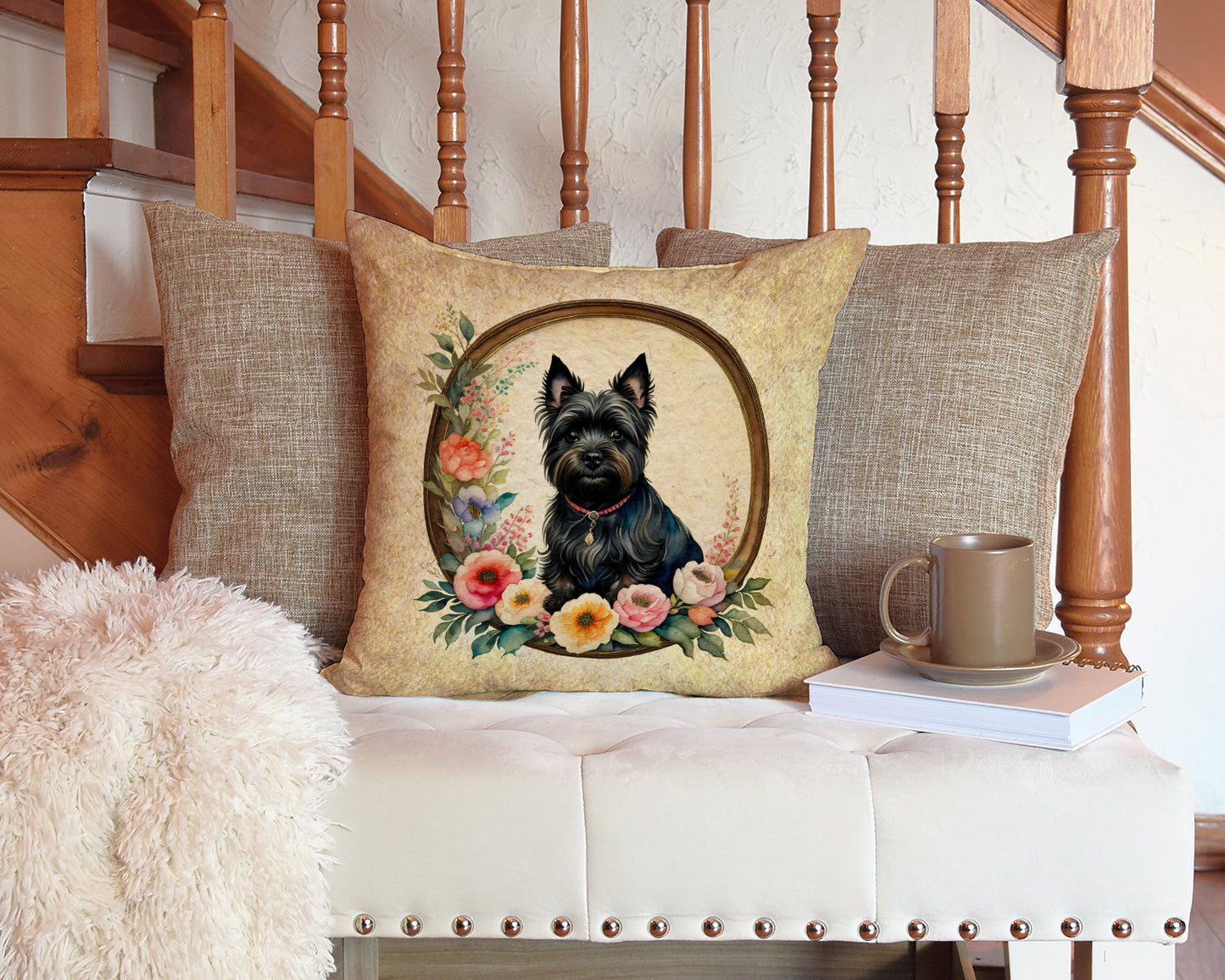 Cairn Terrier and Flowers Throw Pillow