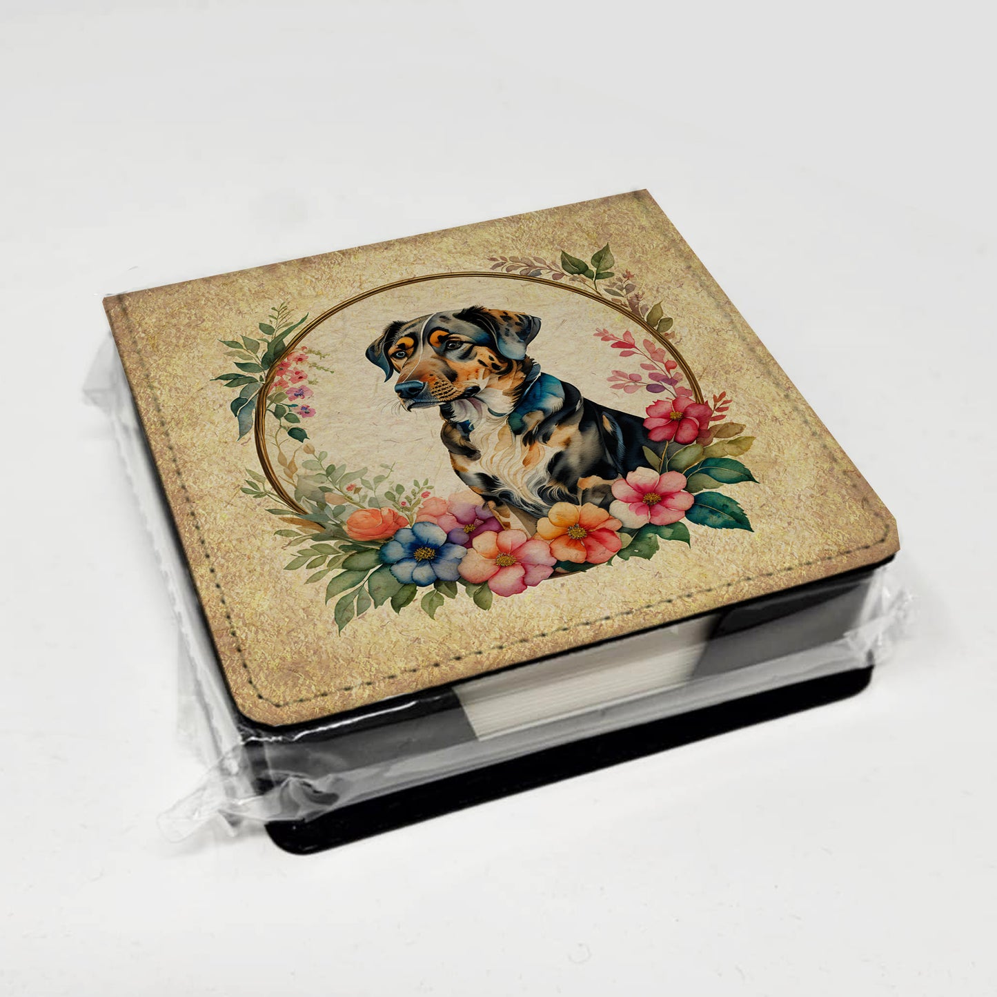 Catahoula Leopard Dog and Flowers PU Leather Note Paper Holder