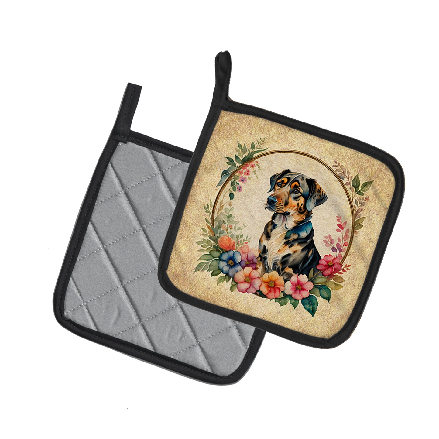 Catahoula Leopard Dog and Flowers Pair of Pot Holders