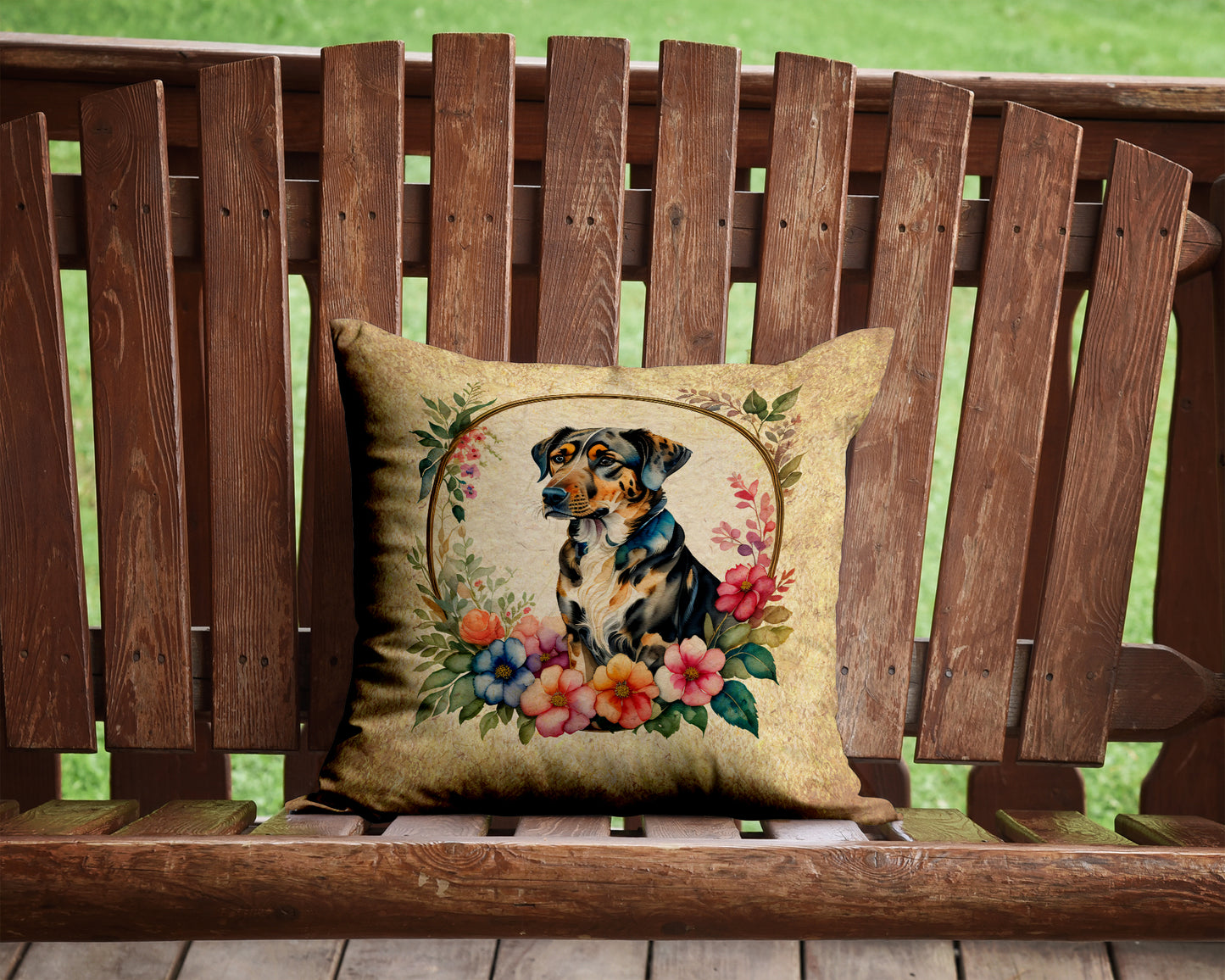 Catahoula Leopard Dog and Flowers Throw Pillow