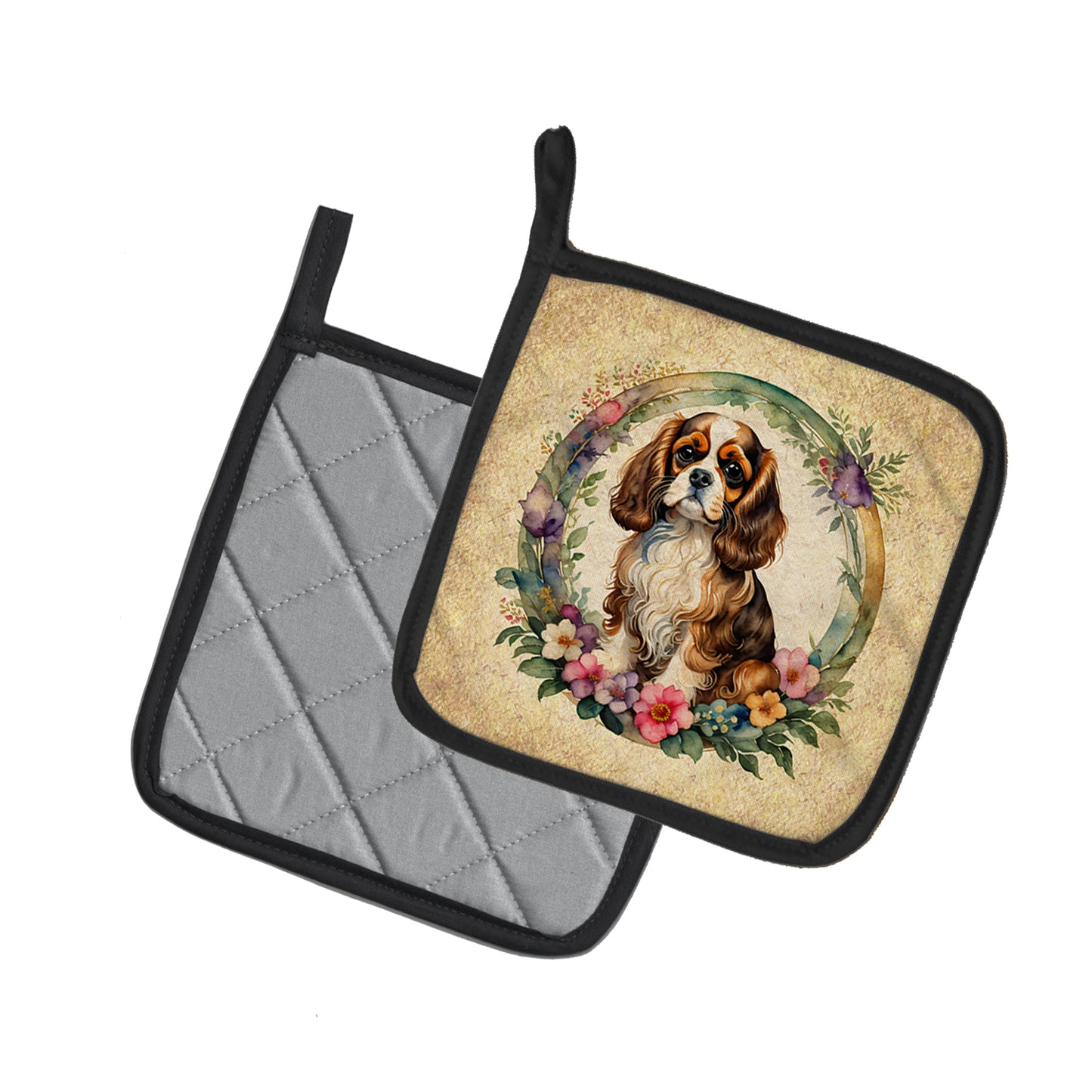 Cavalier Spaniel and Flowers Pair of Pot Holders