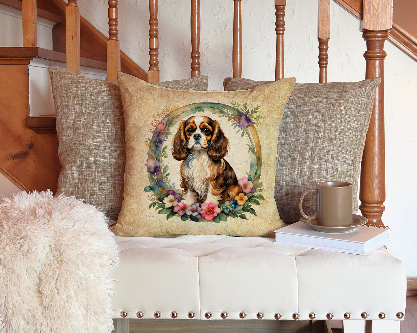 Cavalier Spaniel and Flowers Throw Pillow