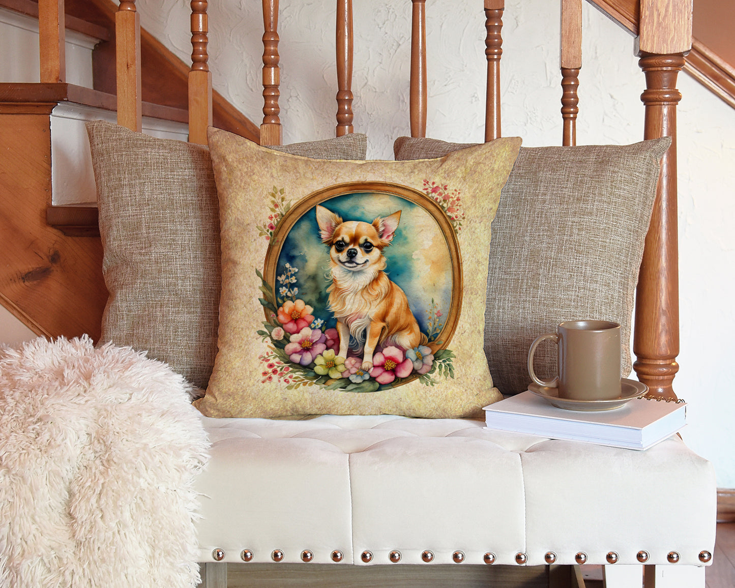 Chihuahua and Flowers Throw Pillow