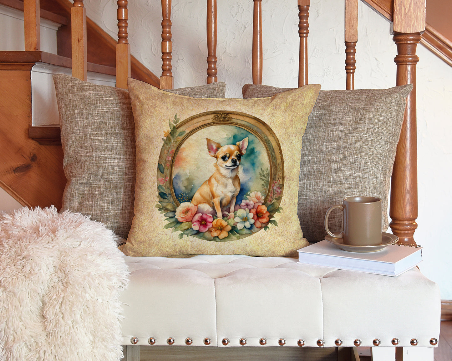 Chihuahua and Flowers Throw Pillow