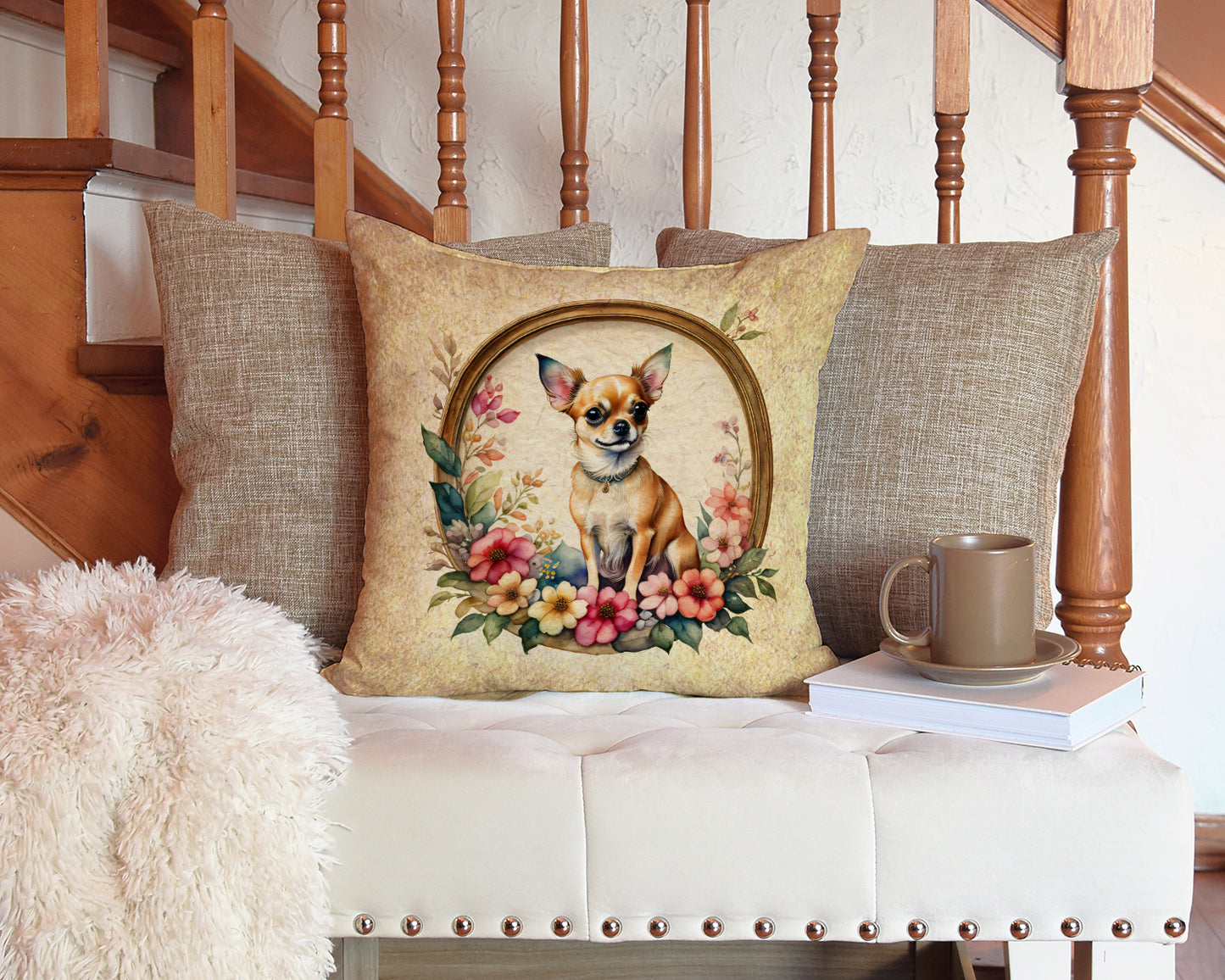 Chihuahua and Flowers Throw Pillow