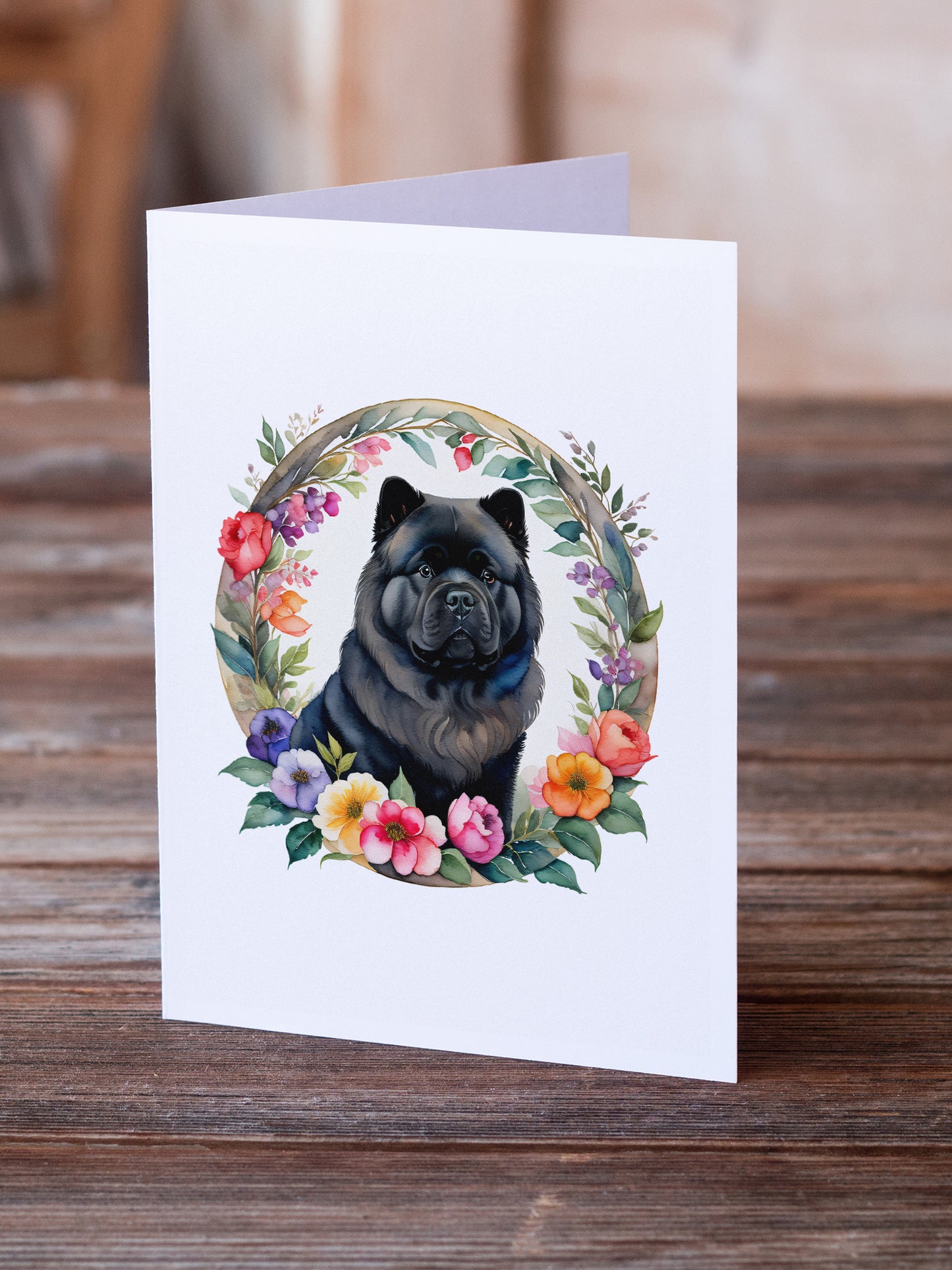 Black Chow Chow and Flowers Greeting Cards Pack of 8
