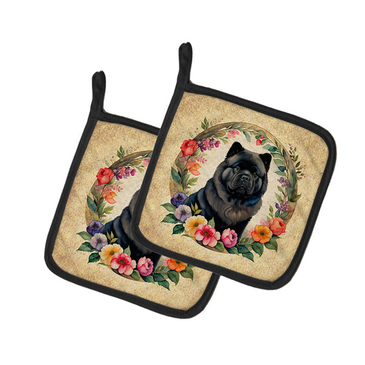 Buy this Black Chow Chow and Flowers Pair of Pot Holders