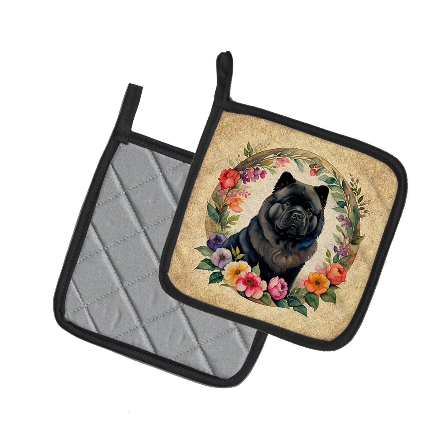 Black Chow Chow and Flowers Pair of Pot Holders