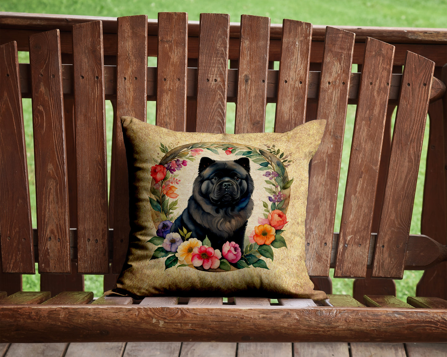 Black Chow Chow and Flowers Throw Pillow