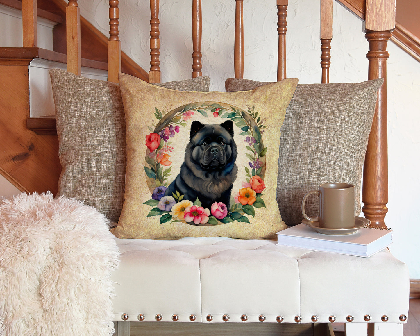 Black Chow Chow and Flowers Throw Pillow