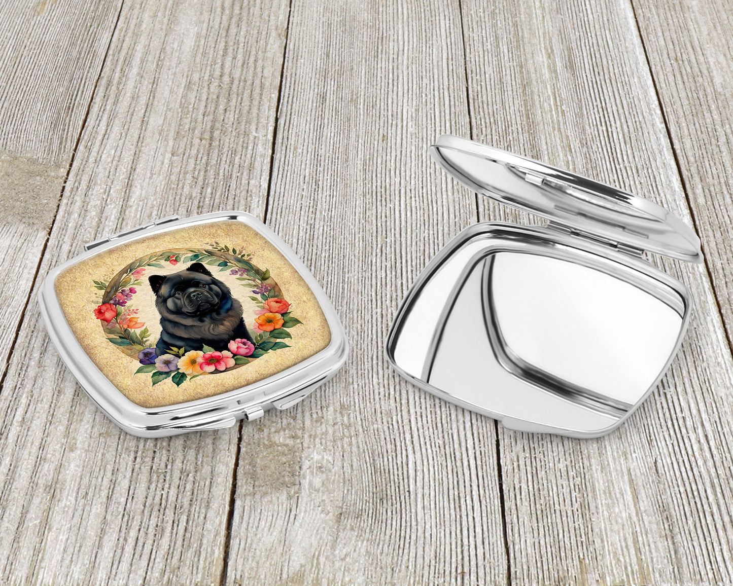 Black Chow Chow and Flowers Compact Mirror