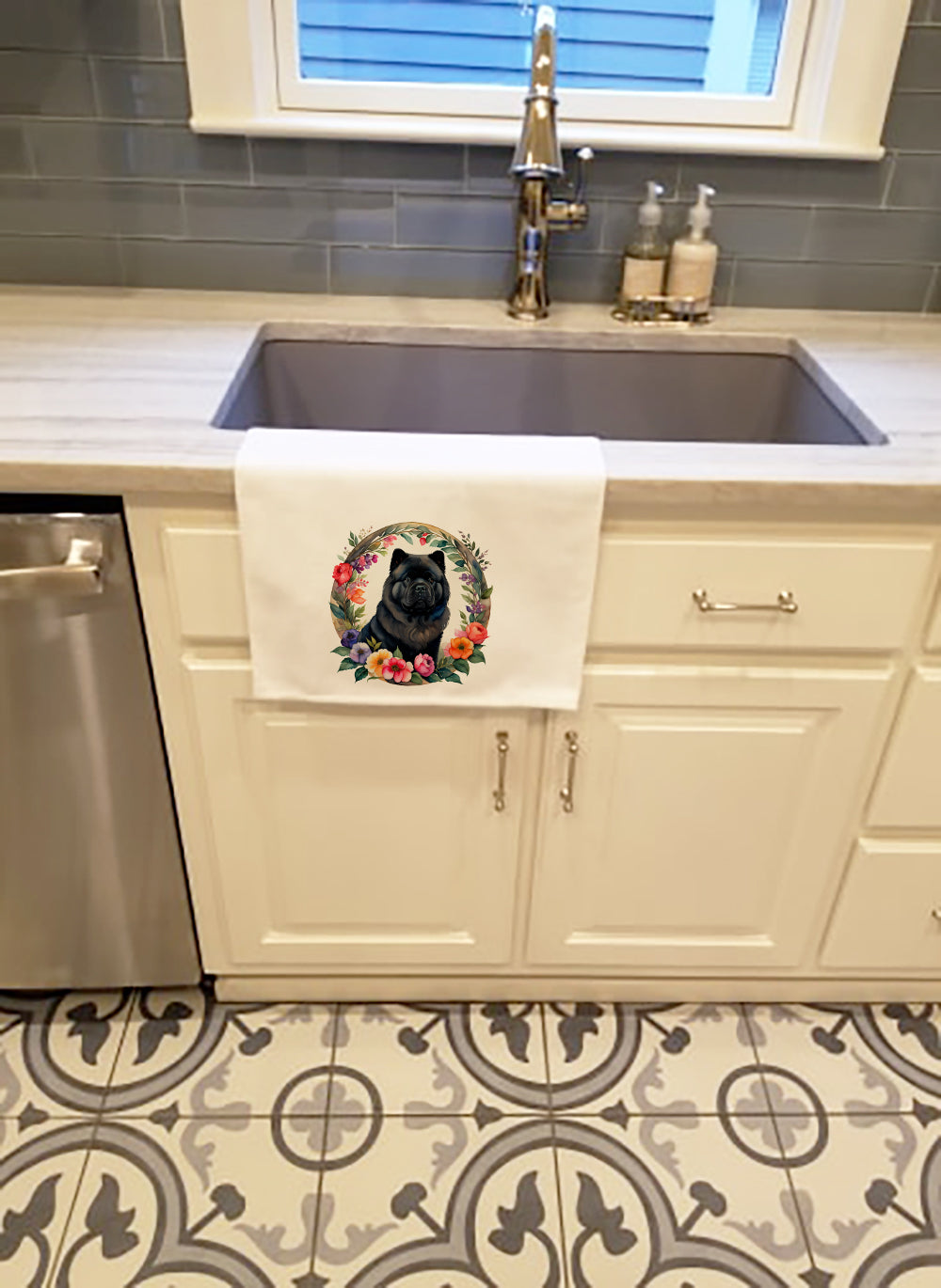 Black Chow Chow and Flowers Kitchen Towel Set of 2