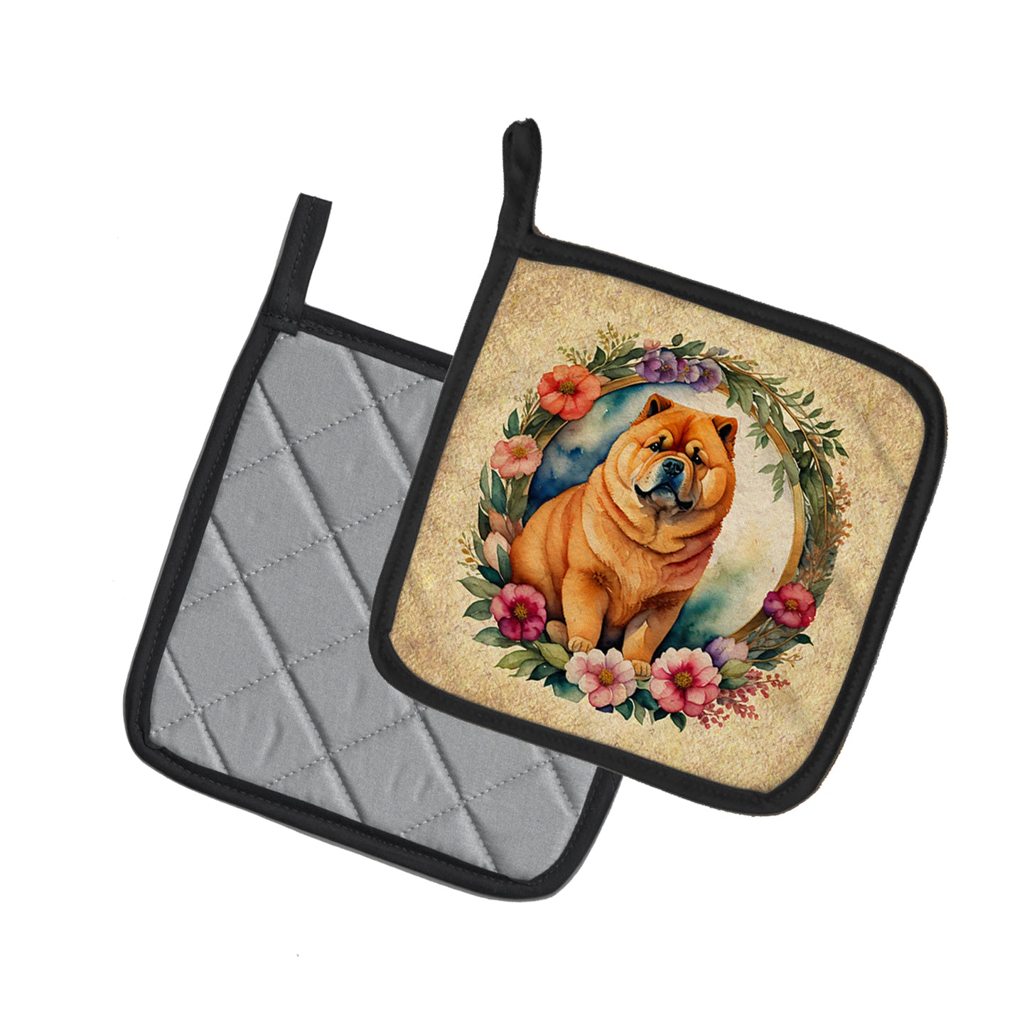 Chow Chow and Flowers Pair of Pot Holders