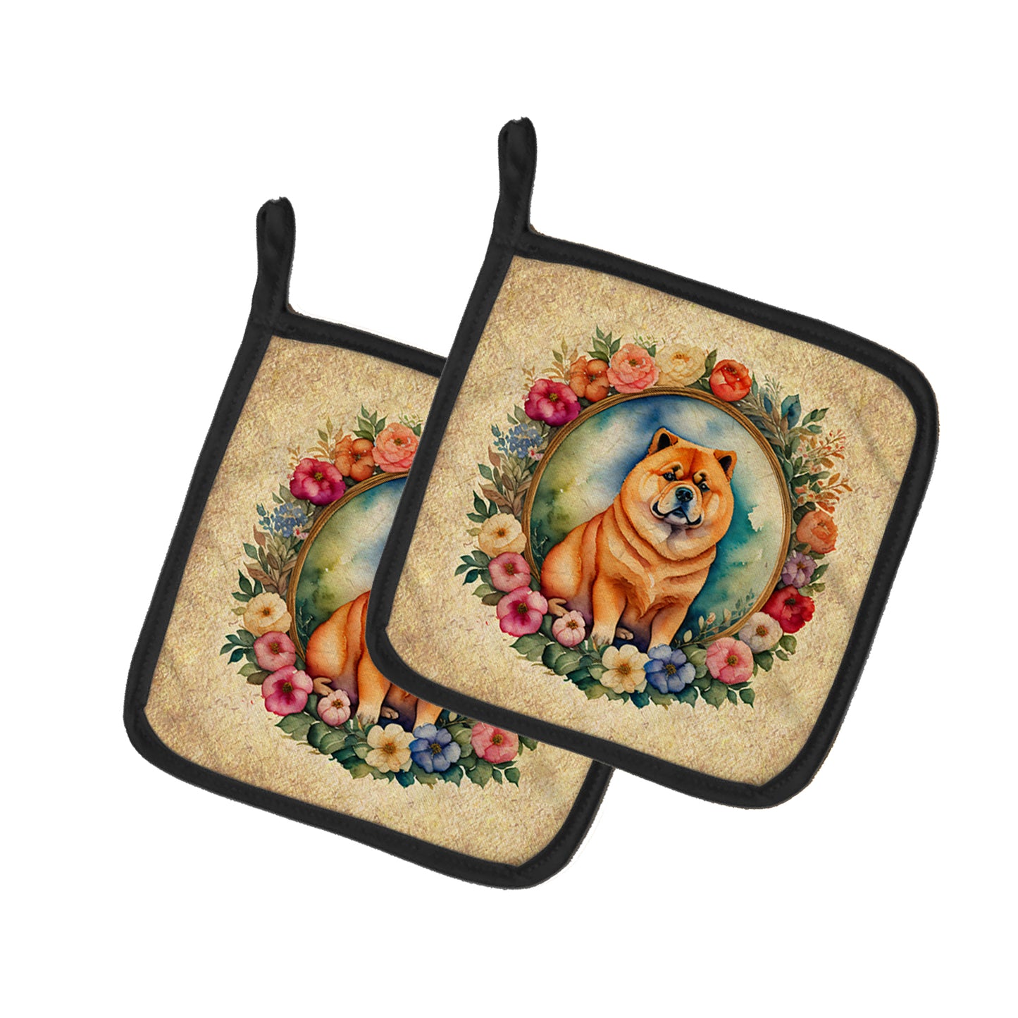 Buy this Chow Chow and Flowers Pair of Pot Holders