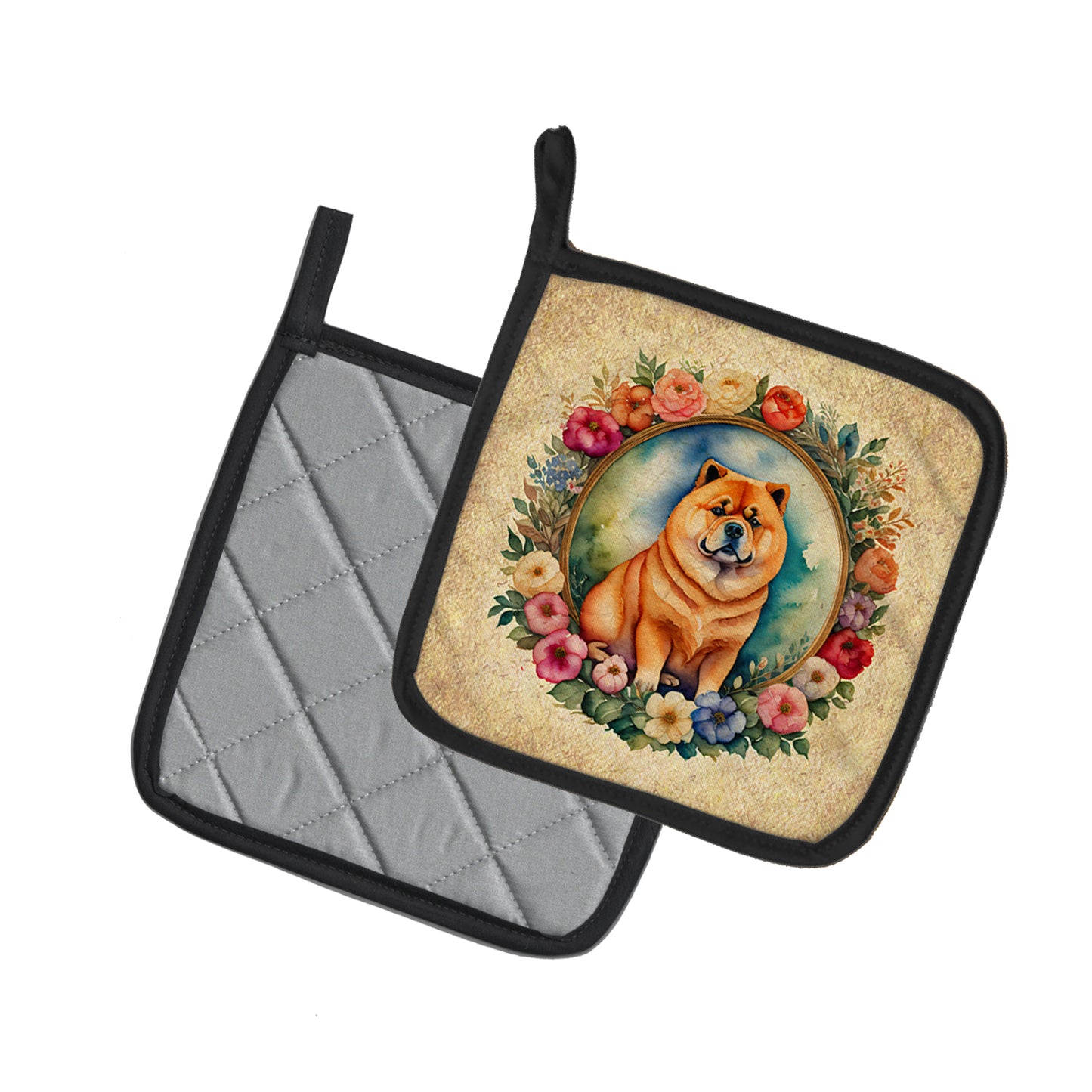 Chow Chow and Flowers Pair of Pot Holders