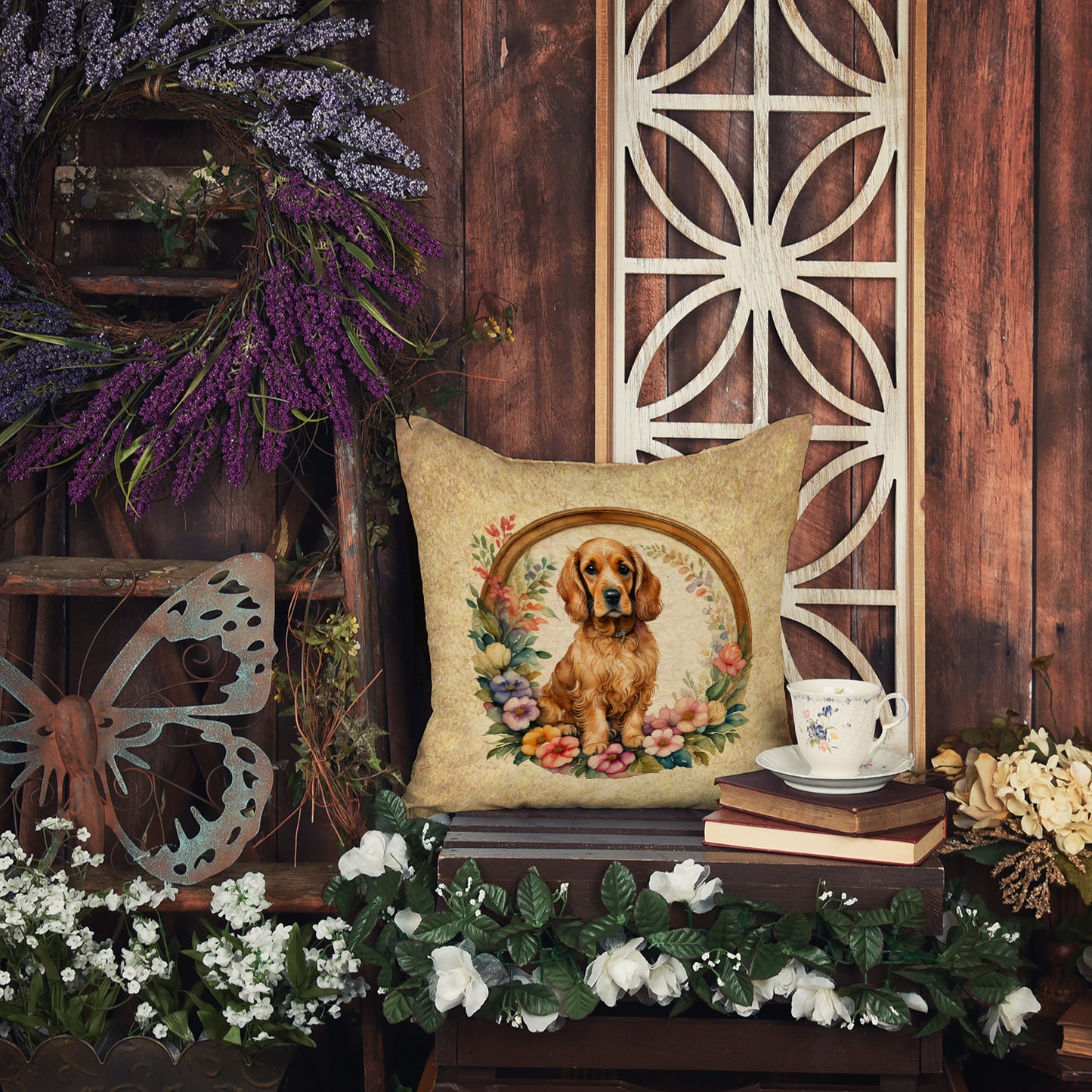 Cocker Spaniel and Flowers Throw Pillow