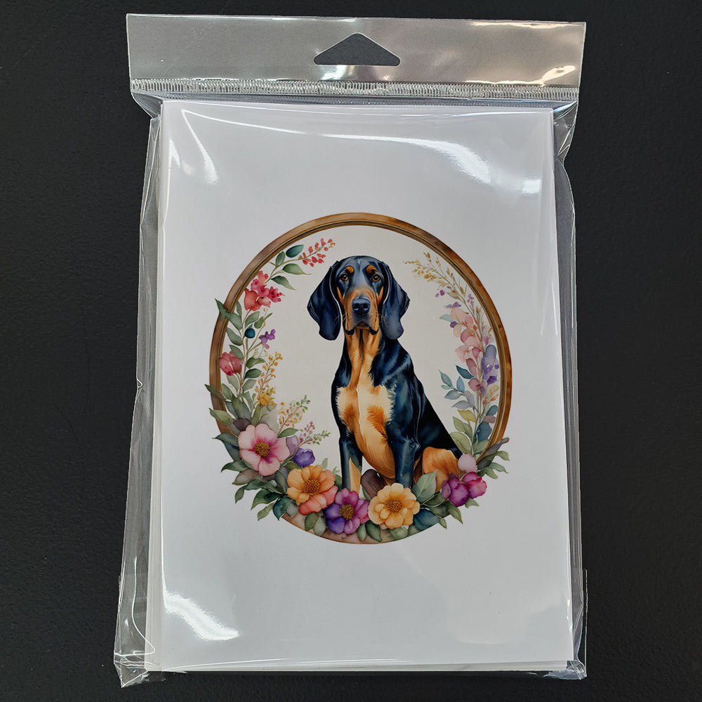 Coonhound and Flowers Greeting Cards Pack of 8