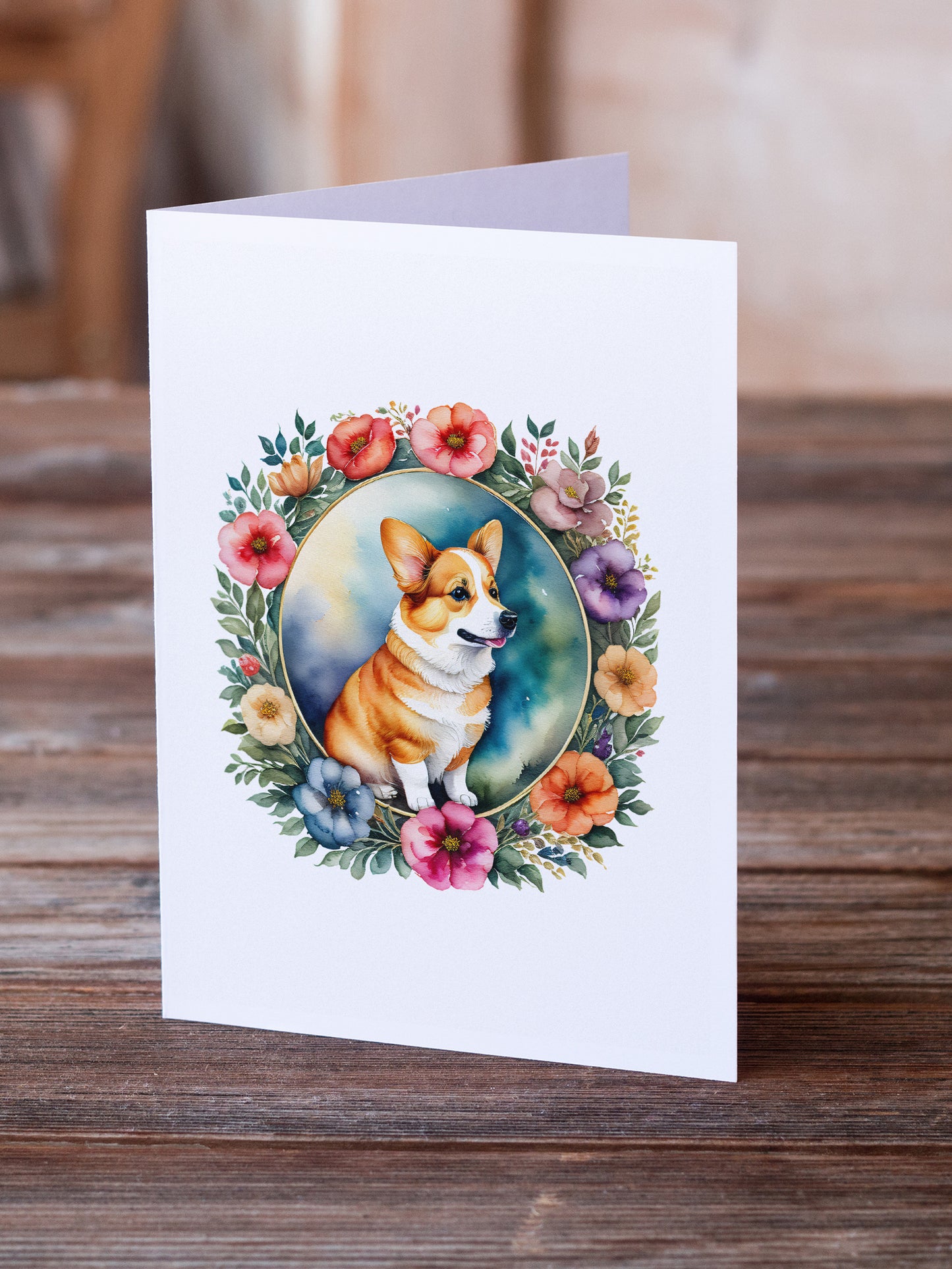 Corgi and Flowers Greeting Cards Pack of 8