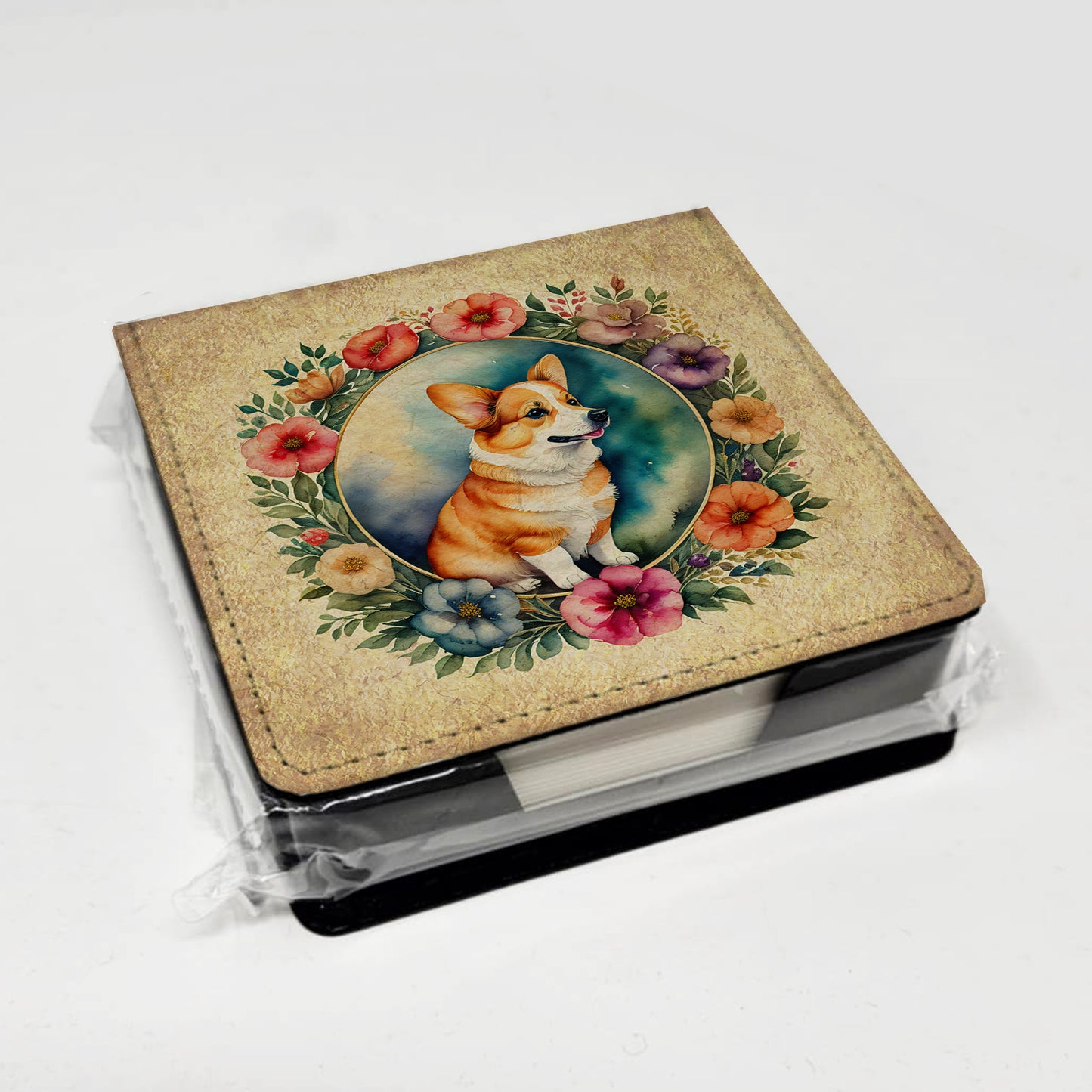 Corgi and Flowers PU Leather Note Paper Holder