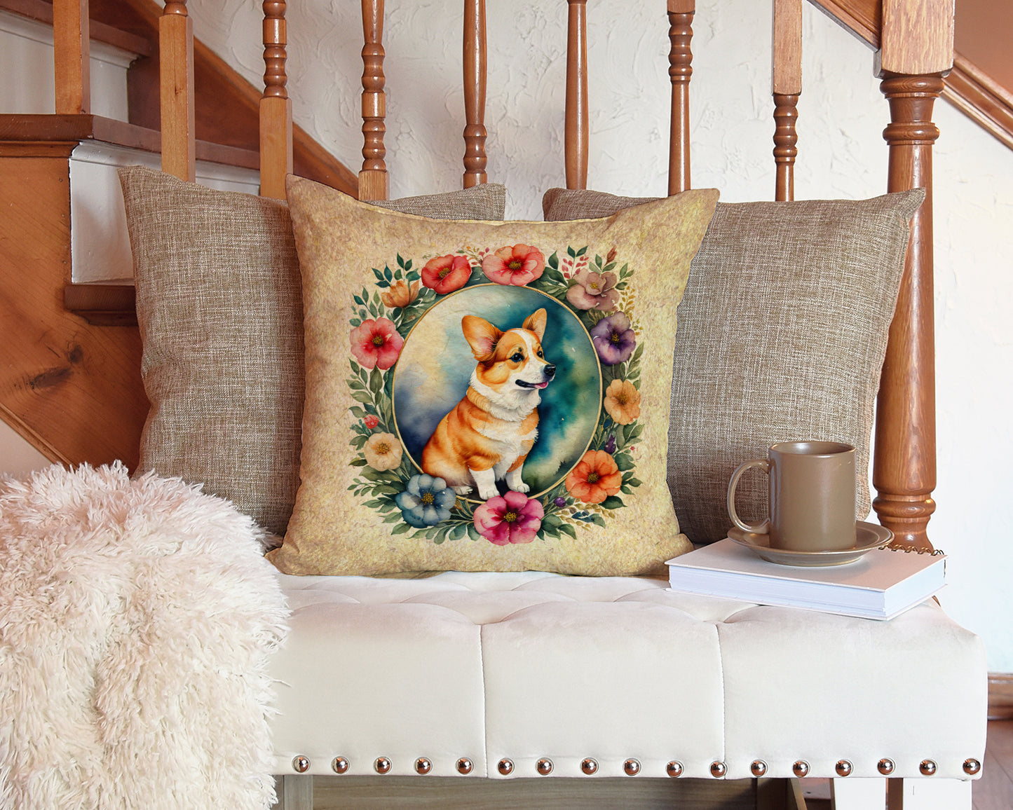 Corgi and Flowers Throw Pillow