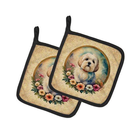 Buy this Coton De Tulear and Flowers Pair of Pot Holders