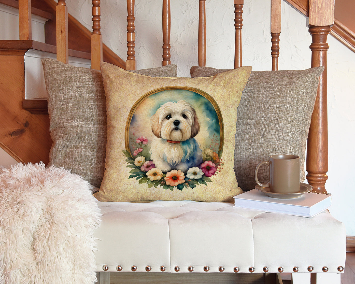 Coton De Tulear and Flowers Throw Pillow