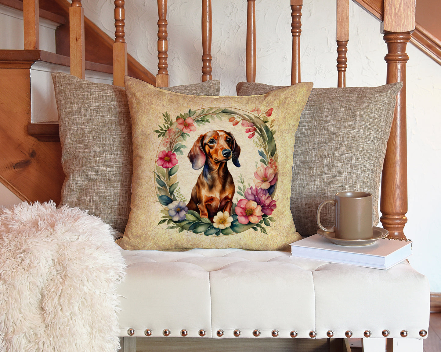 Dachshund and Flowers Throw Pillow