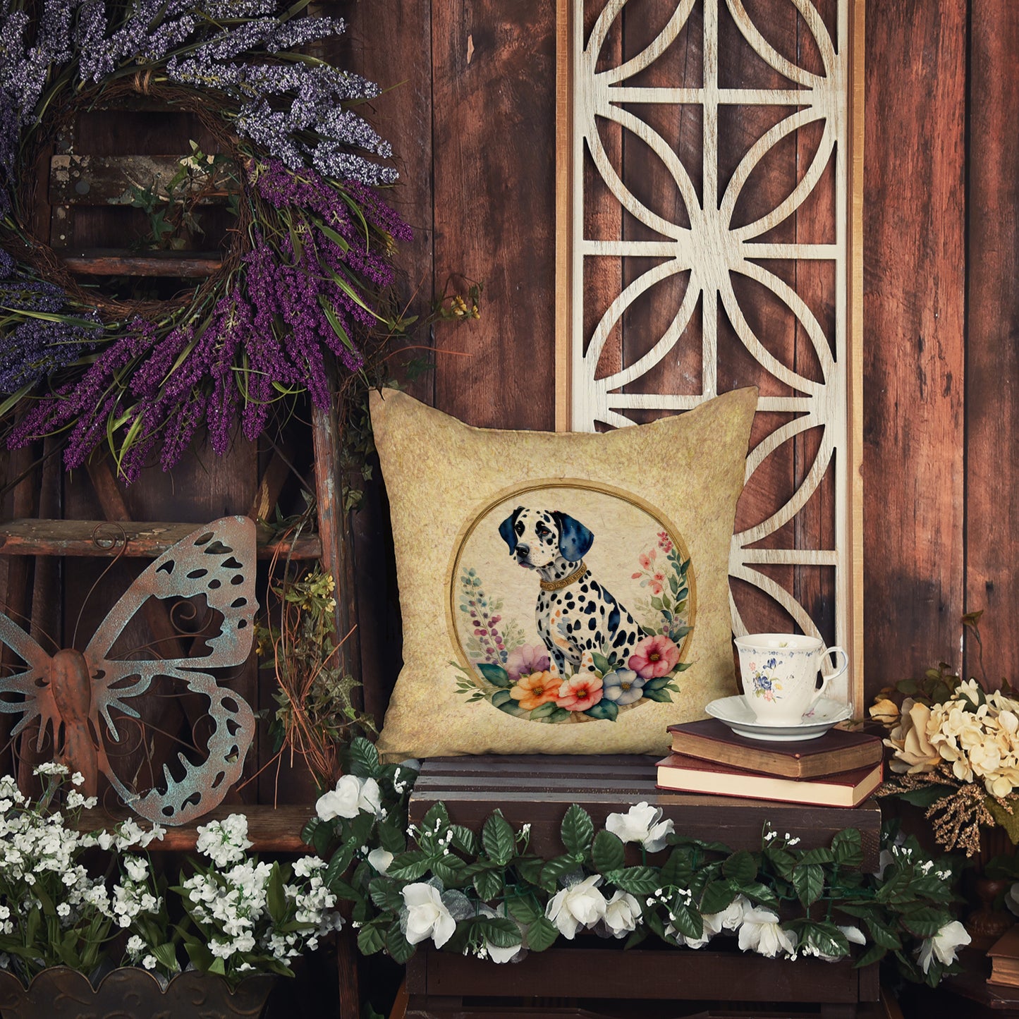 Dalmatian and Flowers Throw Pillow