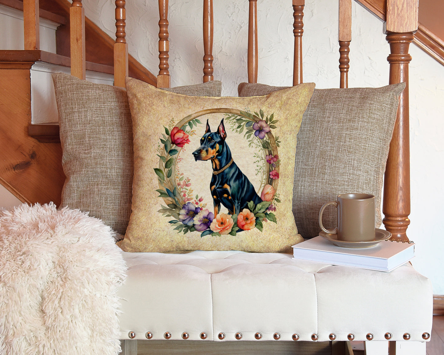 Doberman Pinscher and Flowers Throw Pillow