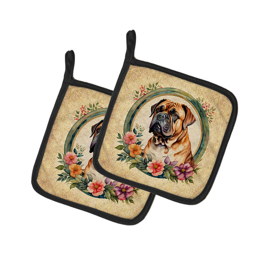 Buy this Dogue de Bordeaux and Flowers Pair of Pot Holders