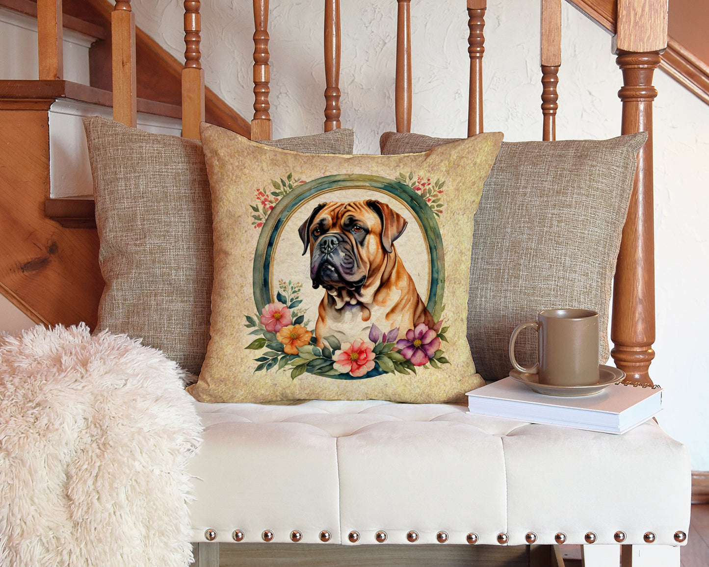 Dogue de Bordeaux and Flowers Throw Pillow