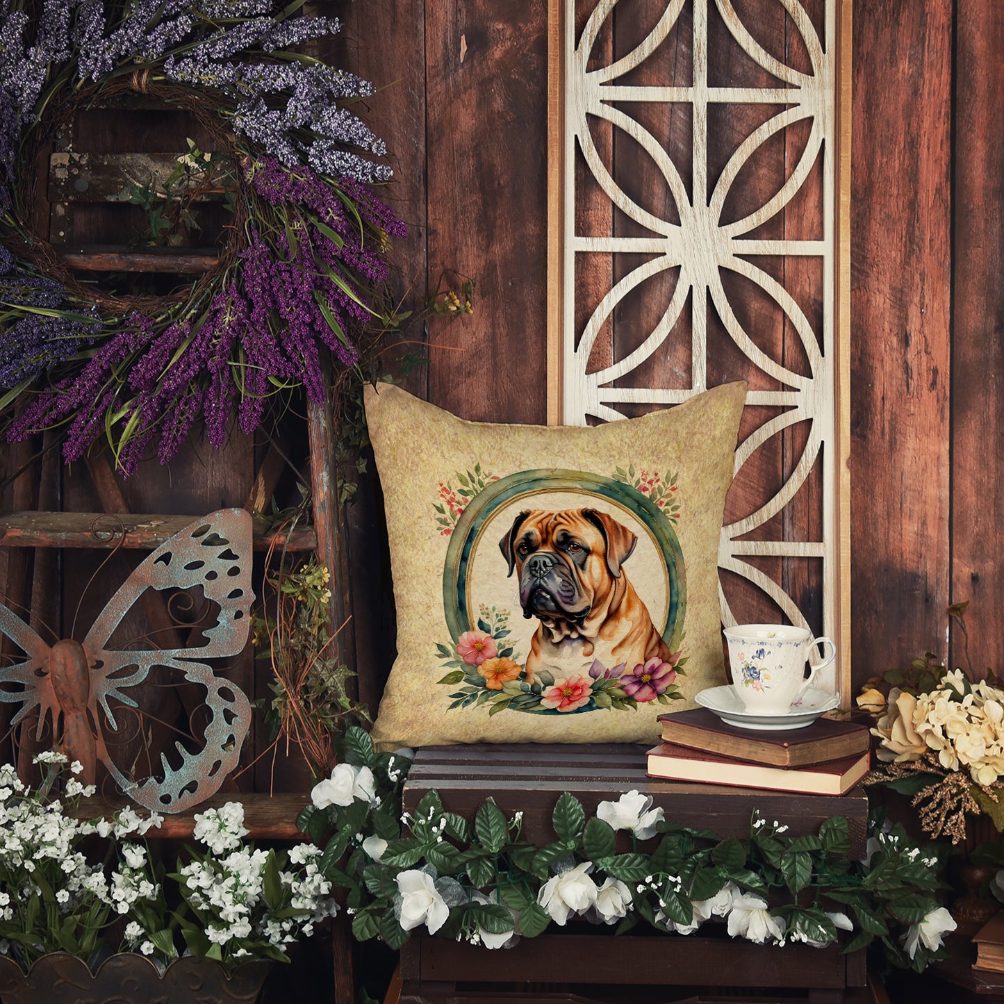 Dogue de Bordeaux and Flowers Throw Pillow