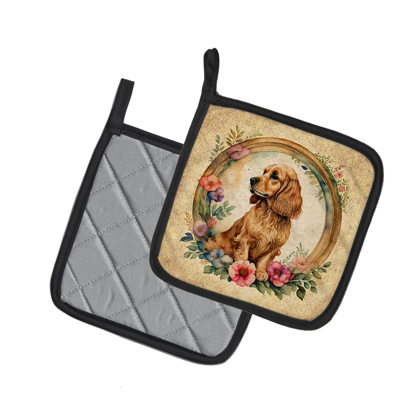 English Cocker Spaniel and Flowers Pair of Pot Holders