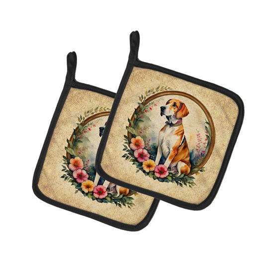 Buy this English Foxhound and Flowers Pair of Pot Holders