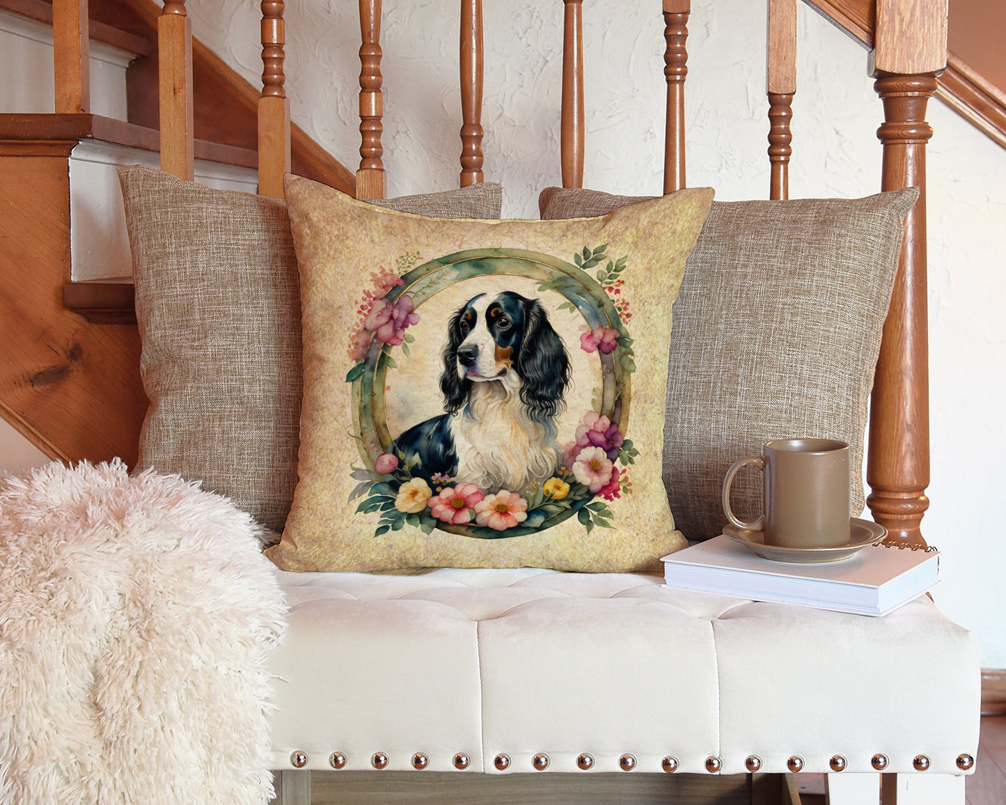 English Springer Spaniel and Flowers Throw Pillow