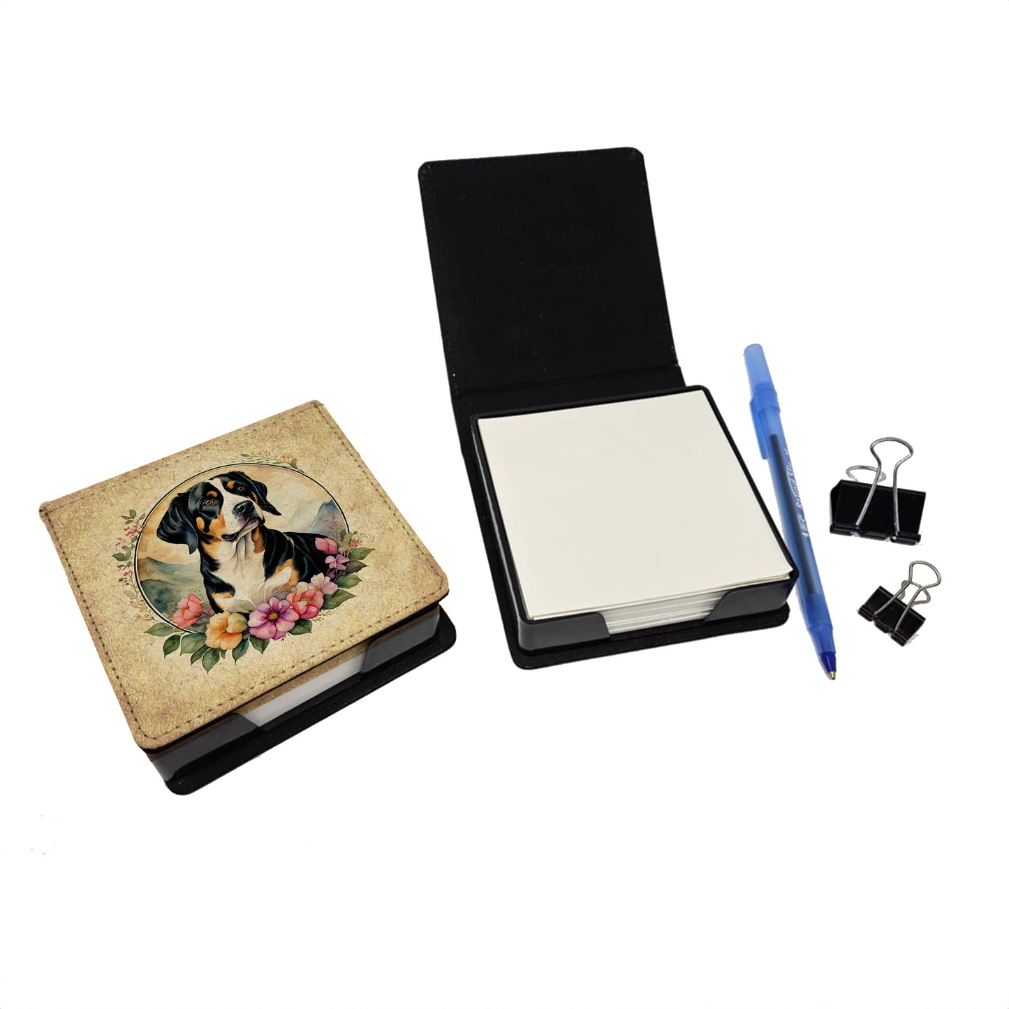 Entlebucher Mountain Dog and Flowers PU Leather Note Paper Holder