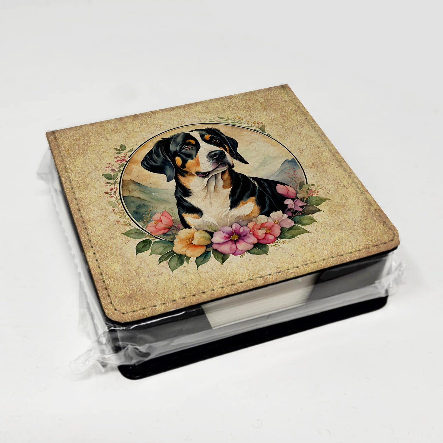 Entlebucher Mountain Dog and Flowers PU Leather Note Paper Holder