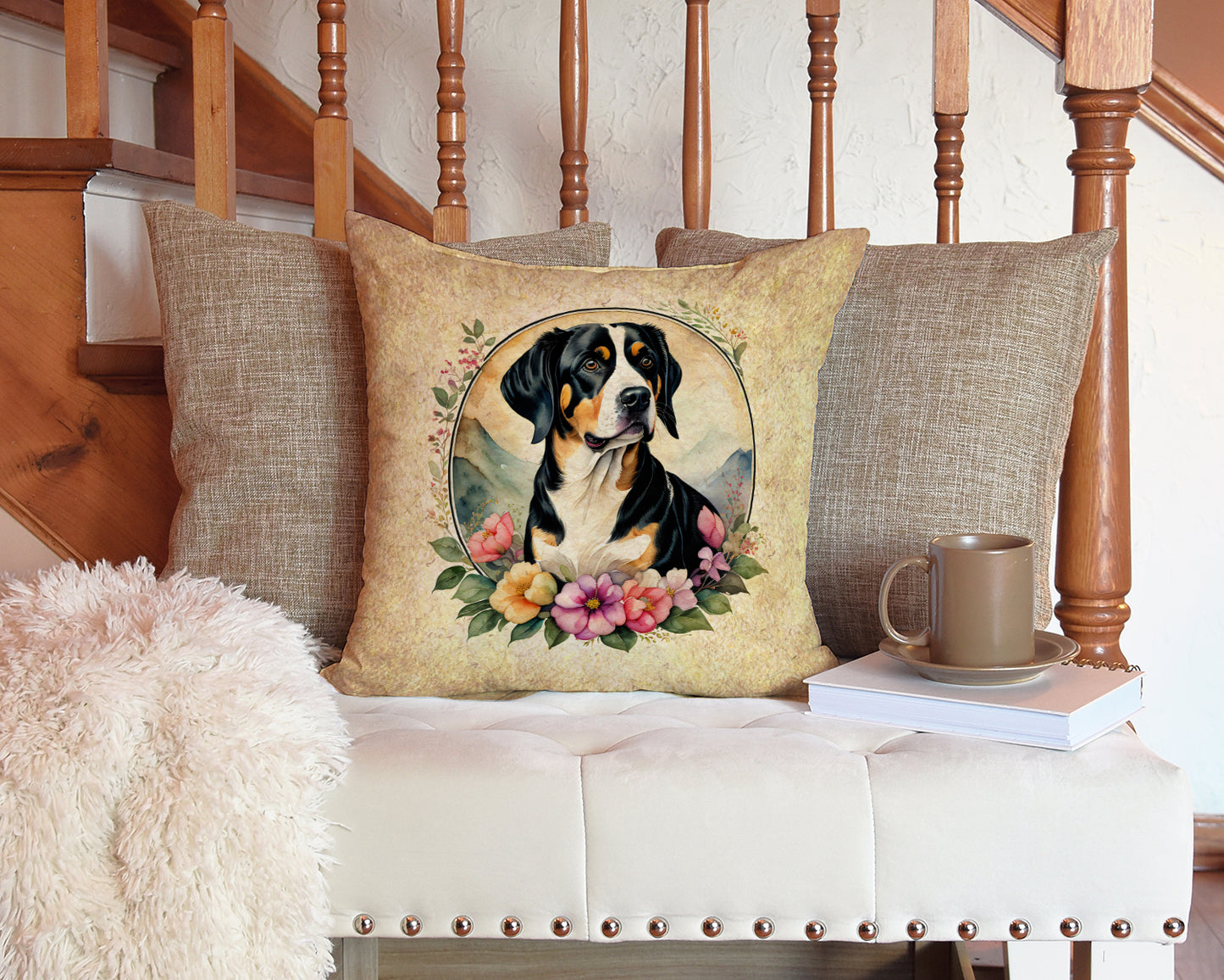 Entlebucher Mountain Dog and Flowers Throw Pillow