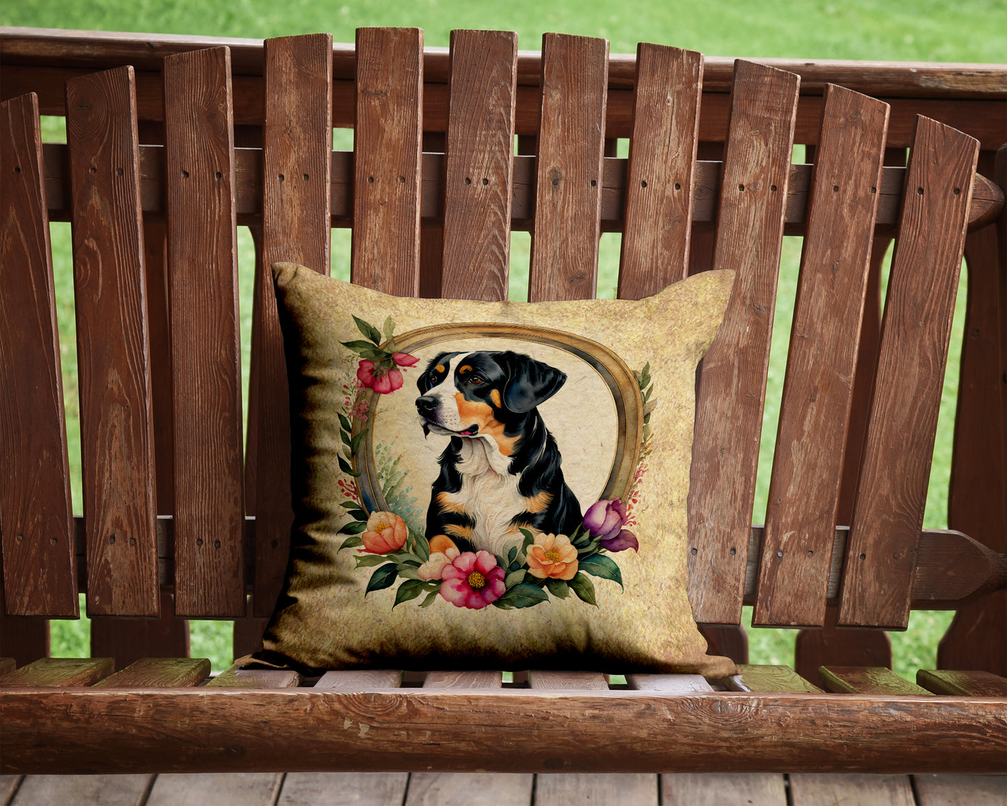 Entlebucher Mountain Dog and Flowers Throw Pillow