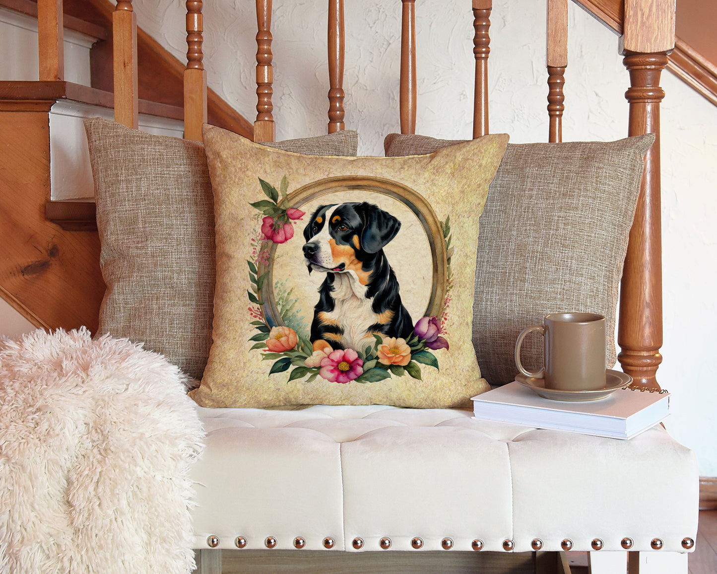 Entlebucher Mountain Dog and Flowers Throw Pillow